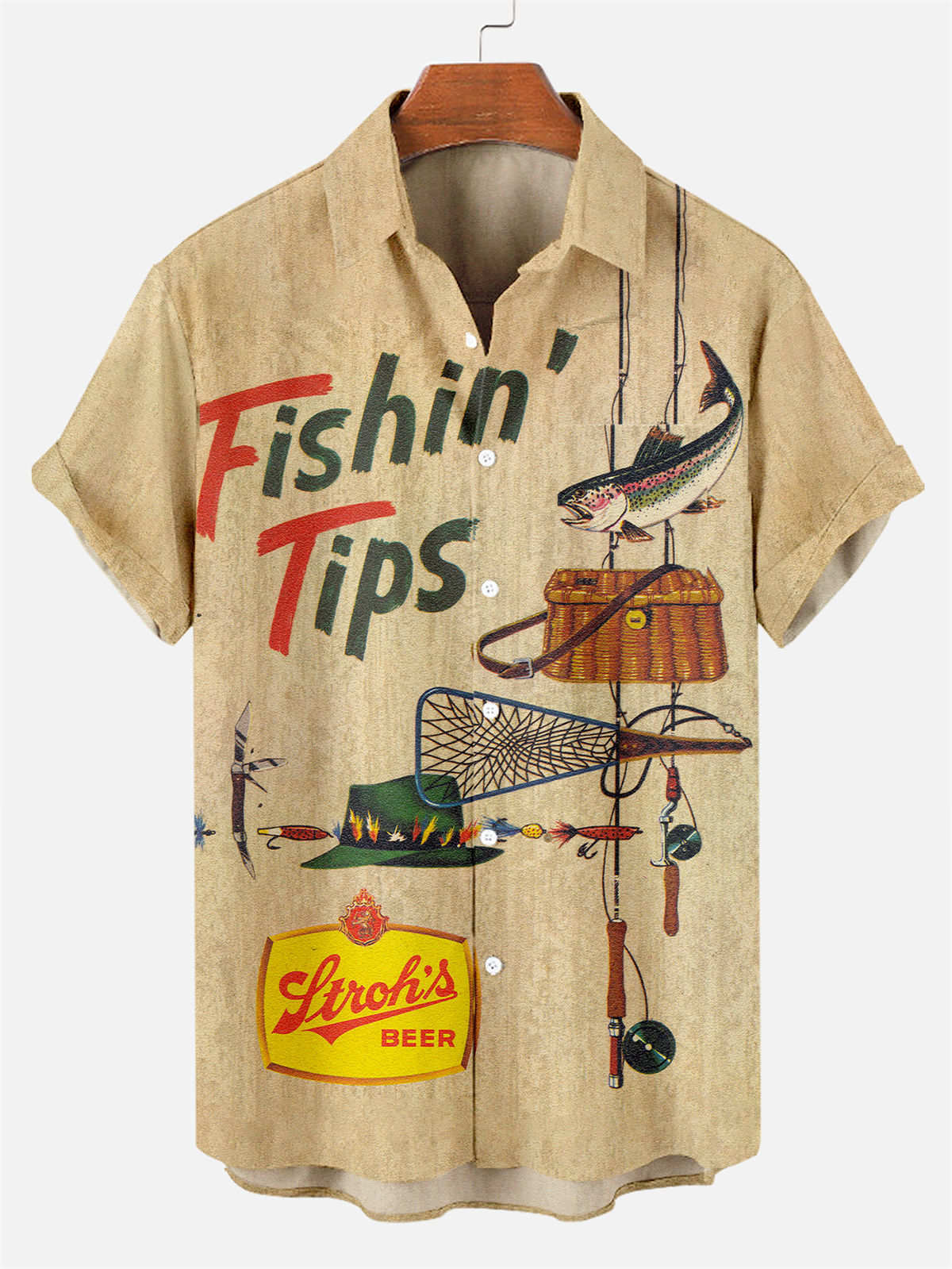 Men's Nostalgic Poster Fishing Tips Pattern Short-Sleeved Shirt 0822