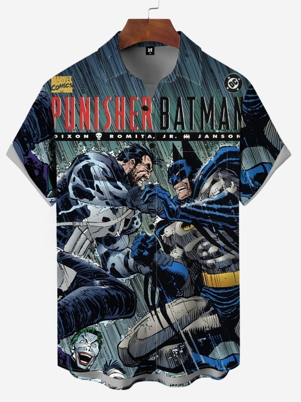 Men's Marvel Punisher and Batman Retro All-Over Print Short-Sleeve Shirt