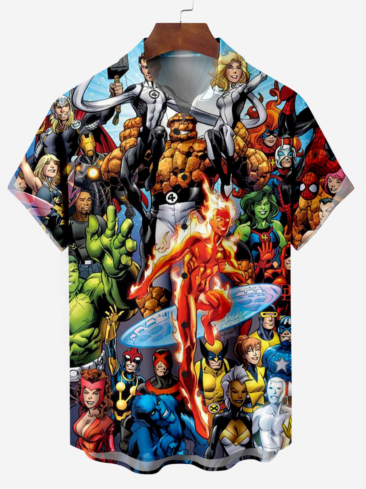 Strong Heros Team Retro Comic Funny Pattern Chest Pocket Shirt
