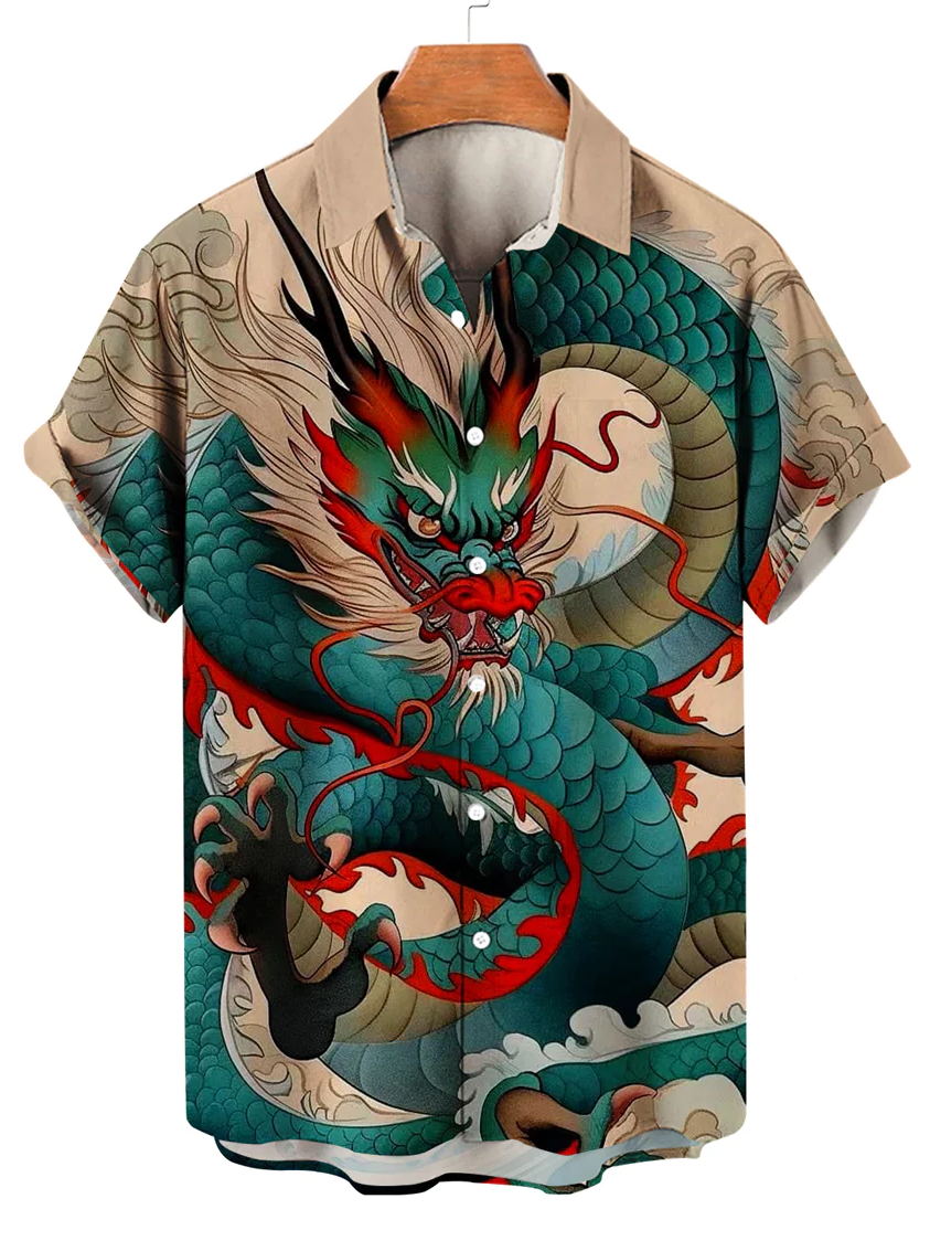Dragon Print Men's Short Sleeve Pocket Shirt