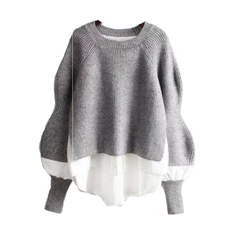 Europe station autumn and winter women"s sweater splicing shirt fake two-piece set of women"s foreign style knitted top fashion wholesale