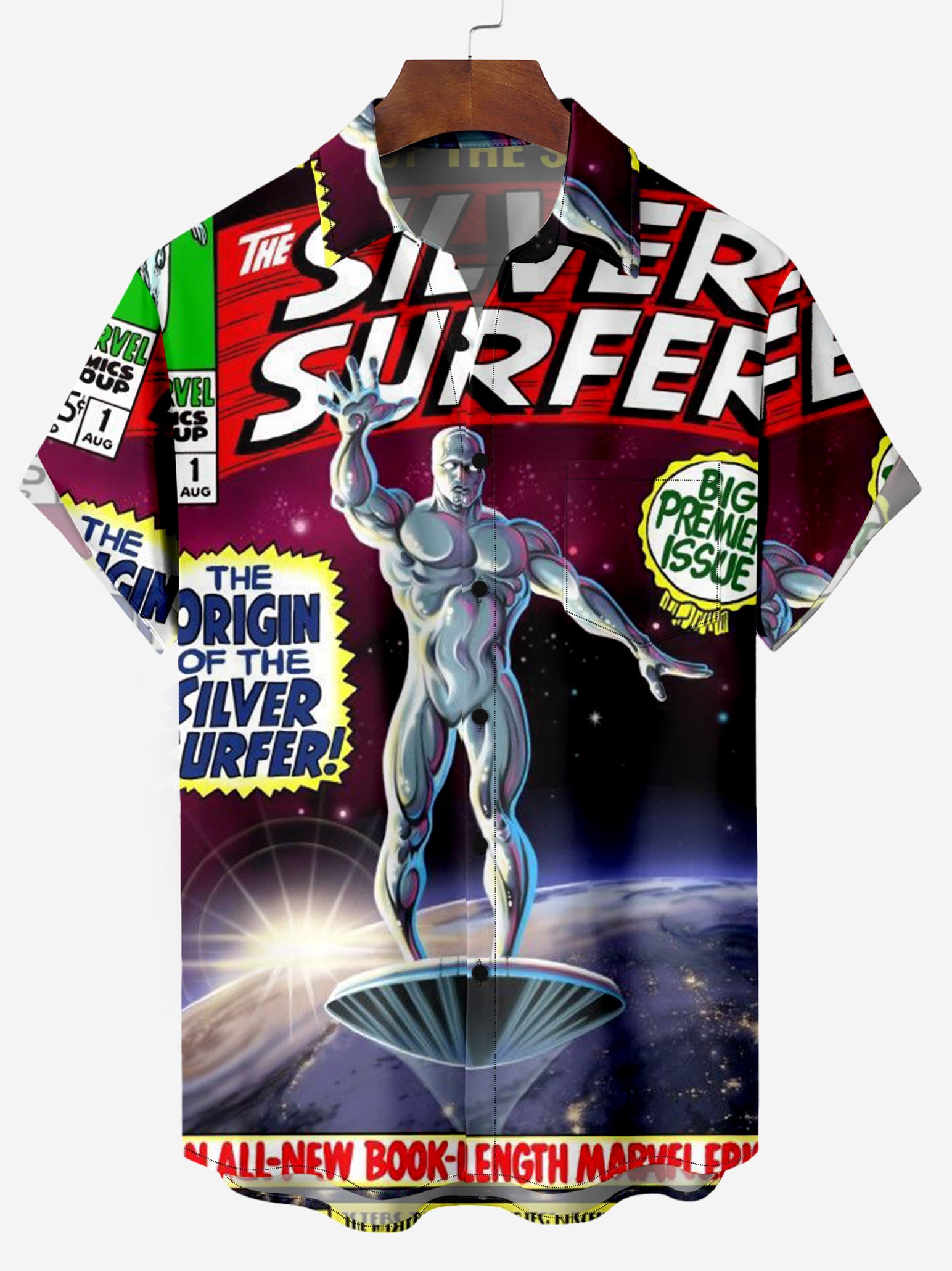 American Hero Galaxy Surfer Vintage Print Chest Pocket Shirt