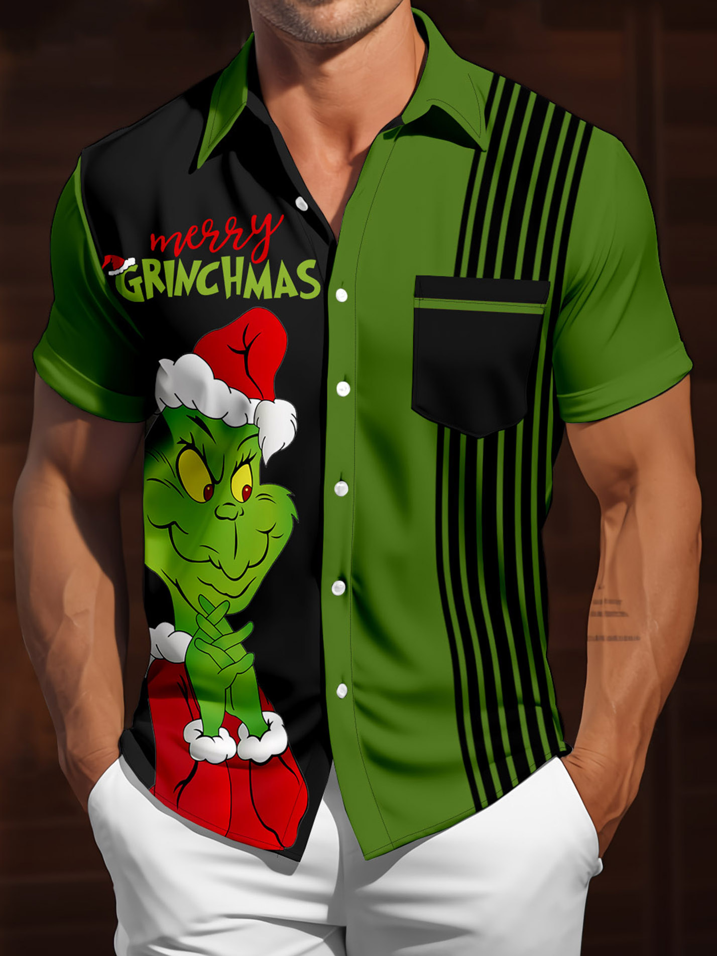Men's Christmas Creative Contrast Design Print Short Sleeve Shirt