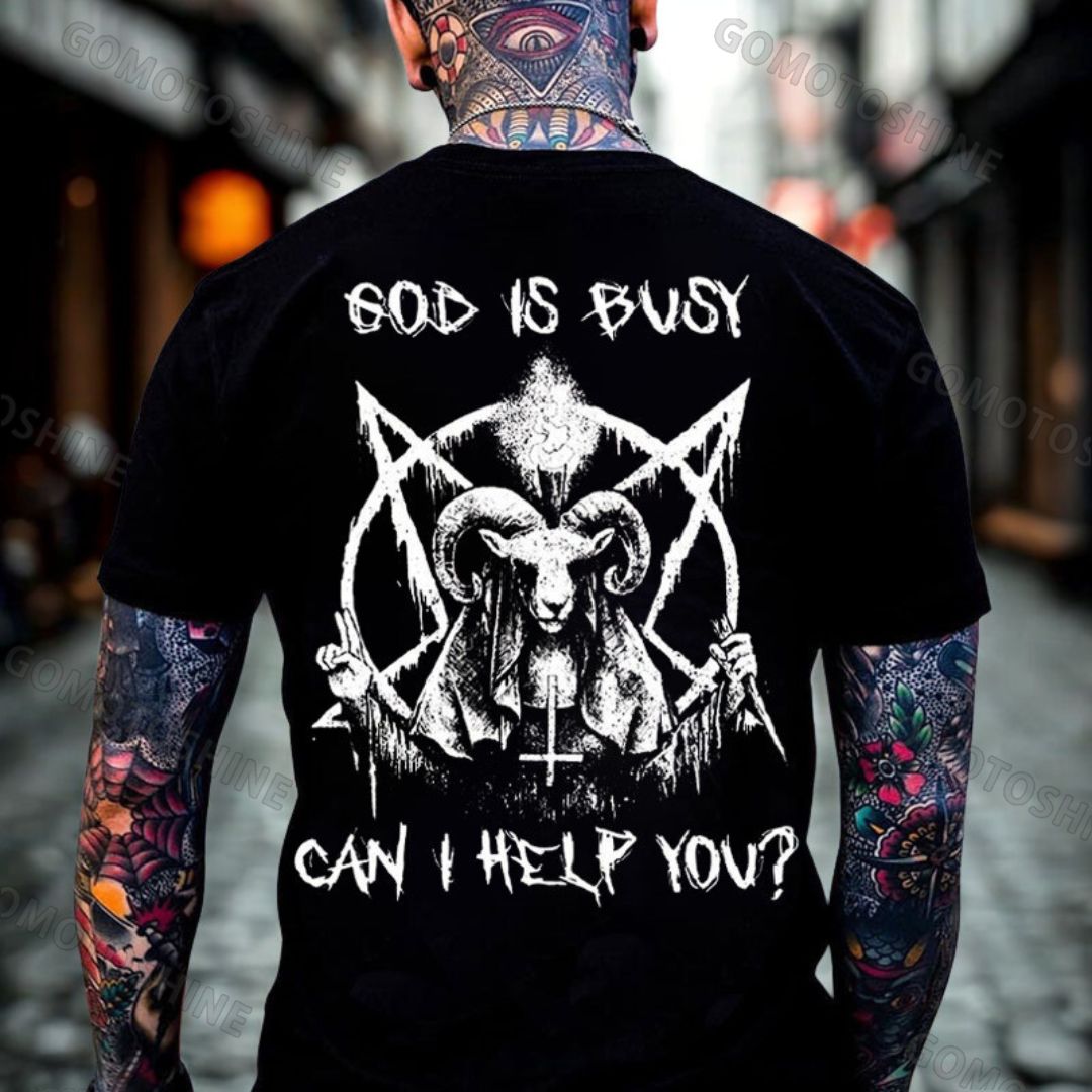GOD IS BUSY CAN I HELP YOU Evil Devil Goat Print Men's T-shirt