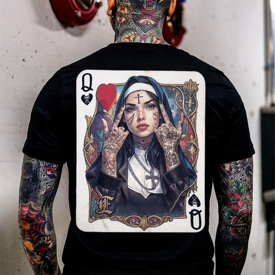 Poker Queen Of Spades Defiant Nun Print Men's T-shirt