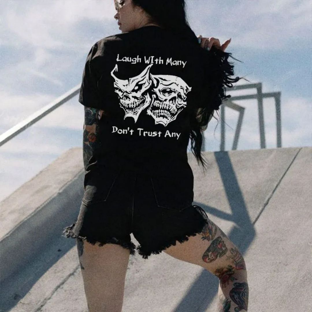 LAUGH WITH MANY DON'T TRUST ANY Devil Skull Print Women's T-shirt