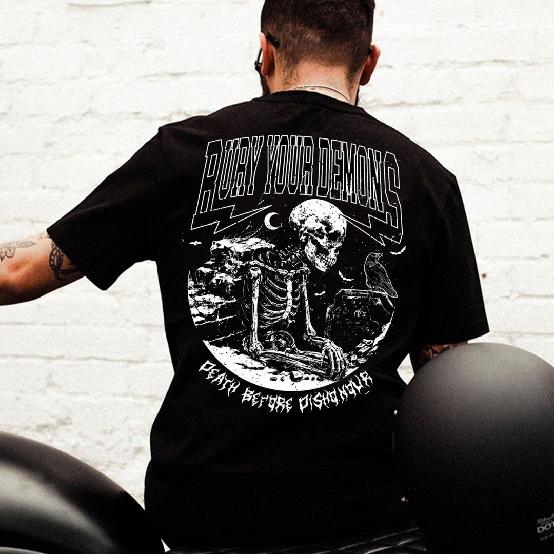 BURY YOUR DEMONS Skull Black Print T-Shirt