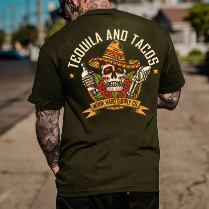 TEQUILA AND TACOS Skull and Roses Black Print T-Shirt