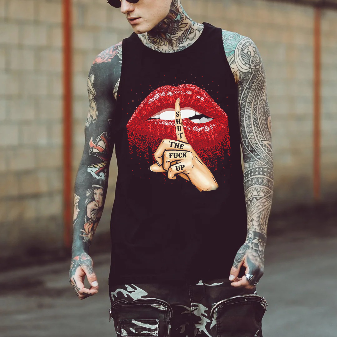 SHUT THE FUCK UP Sexy Lips Keeping Silent Print Men's Vest