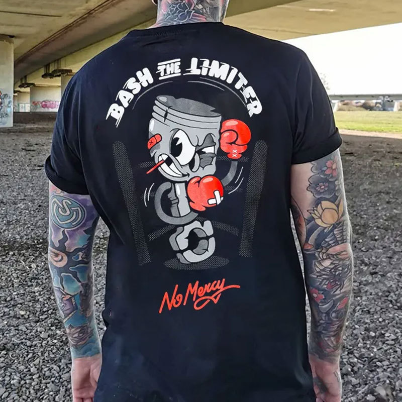 BASH THE LIMITER No Mercy Fighting Tool Man Graphic Black Print T-shirt