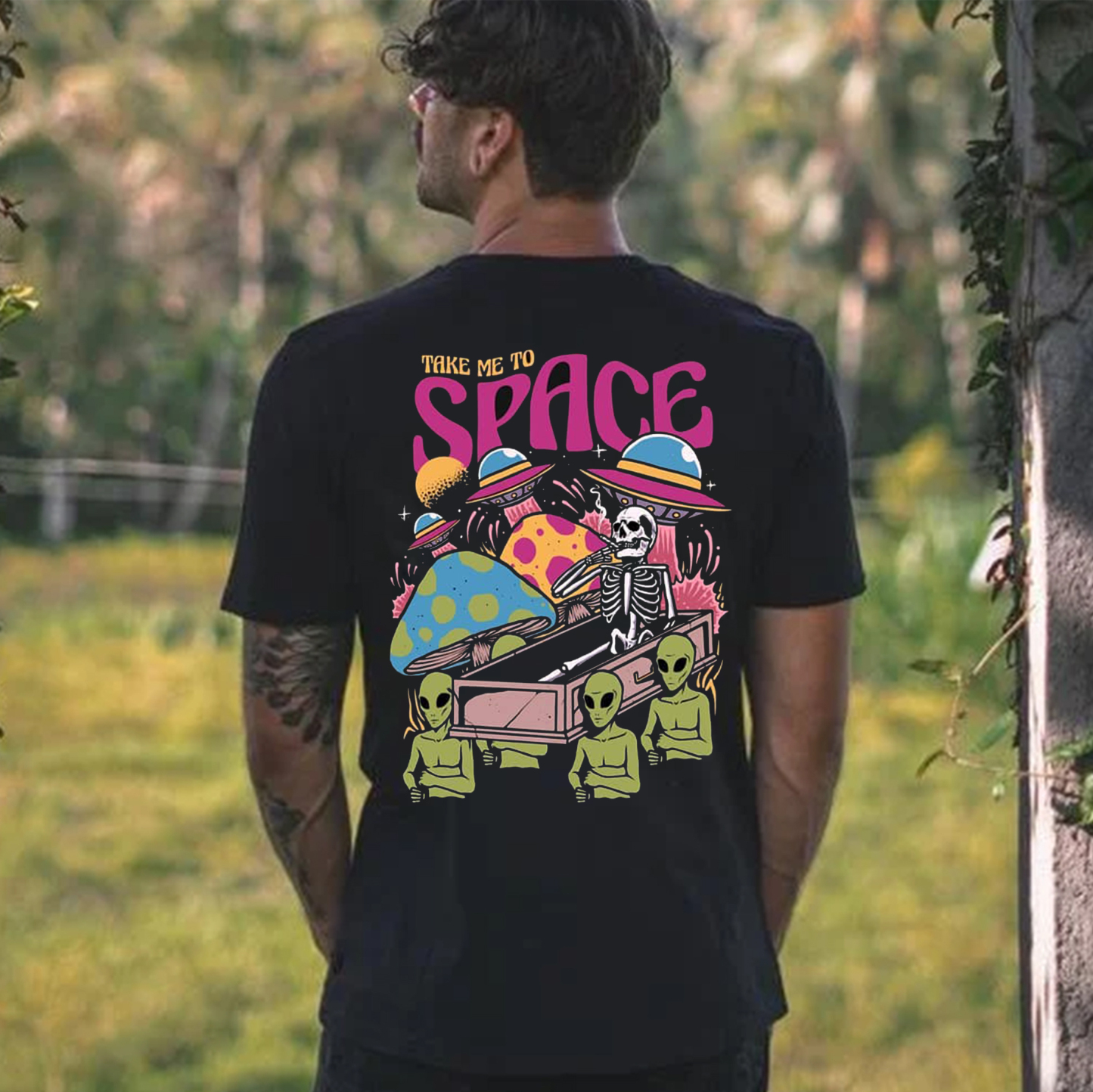 TAKE ME TO SPACE Skeleton Black Print T-shirt