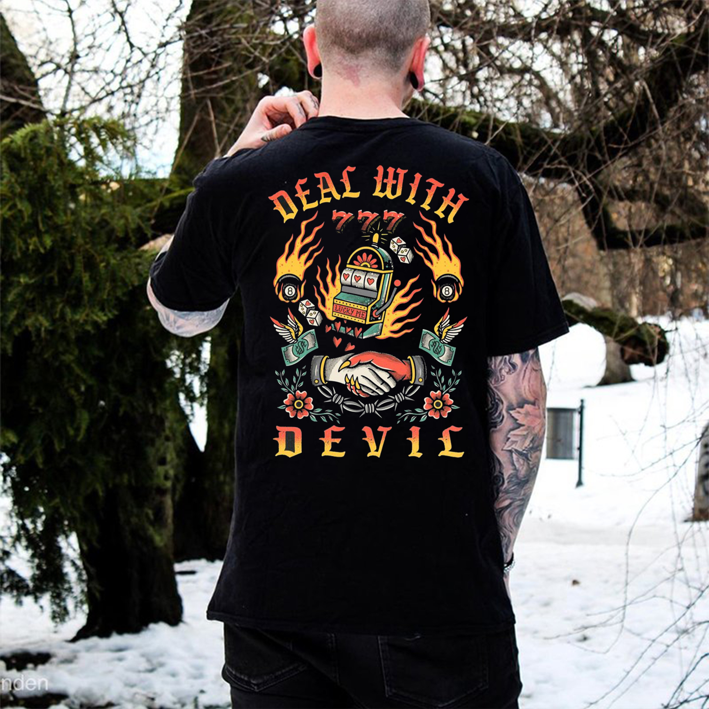 DEAL WITH DEVIL Slot Machine Black Print T-shirt