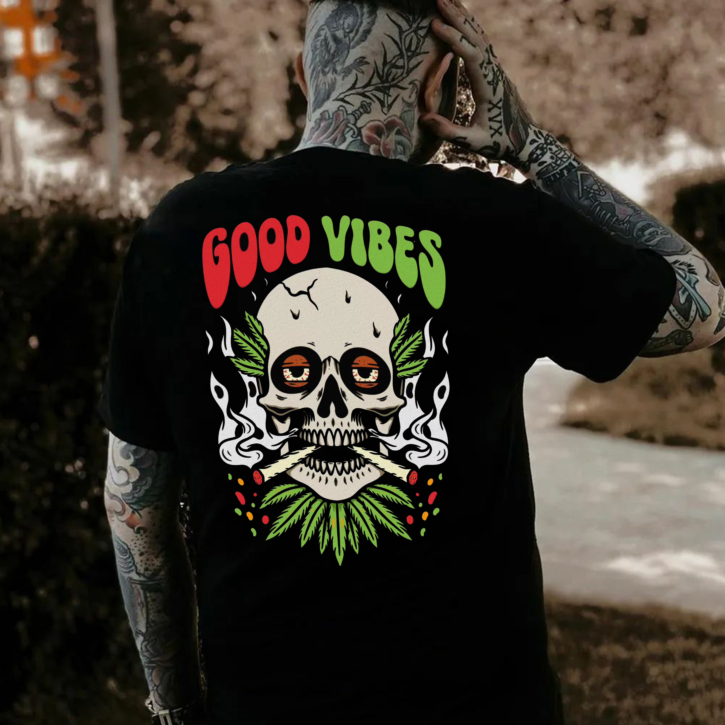 GOOD VIBES Smoking Skull Print Men's T-shirt