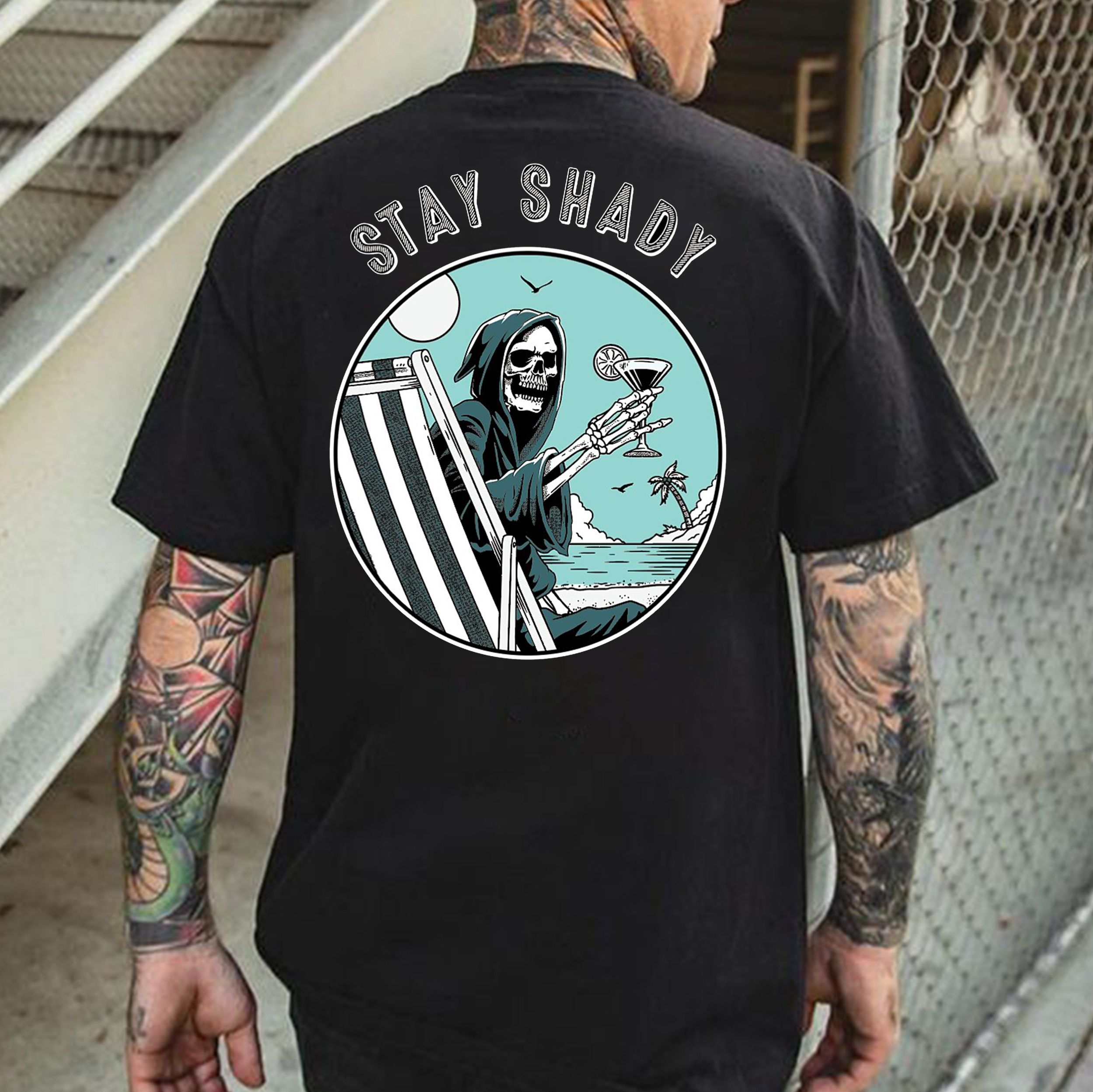 STAY SHADY Vacation Skeleton Black Print T-shirt – gomotoshine