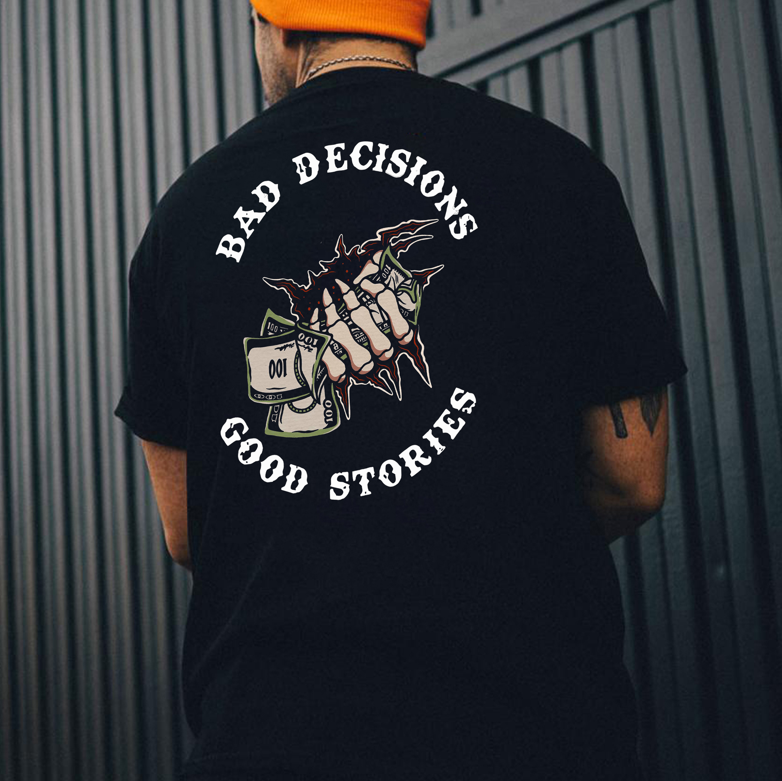 BAD DECISIONS GOOD STORIES Hand Bone Black Print T-shirt