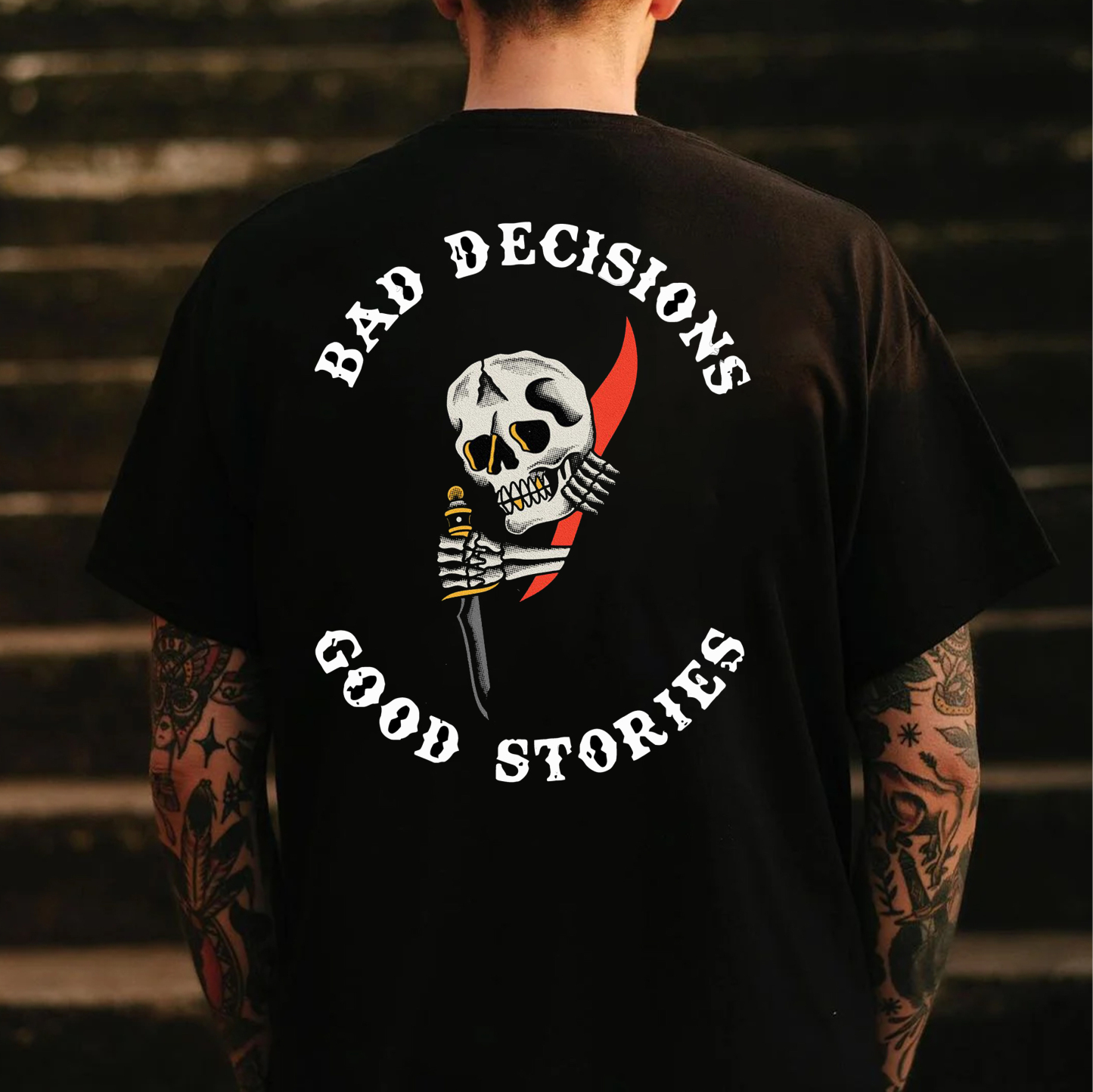 BAD DECISIONS GOOD STORIES Skeleton Black Print T-shirt