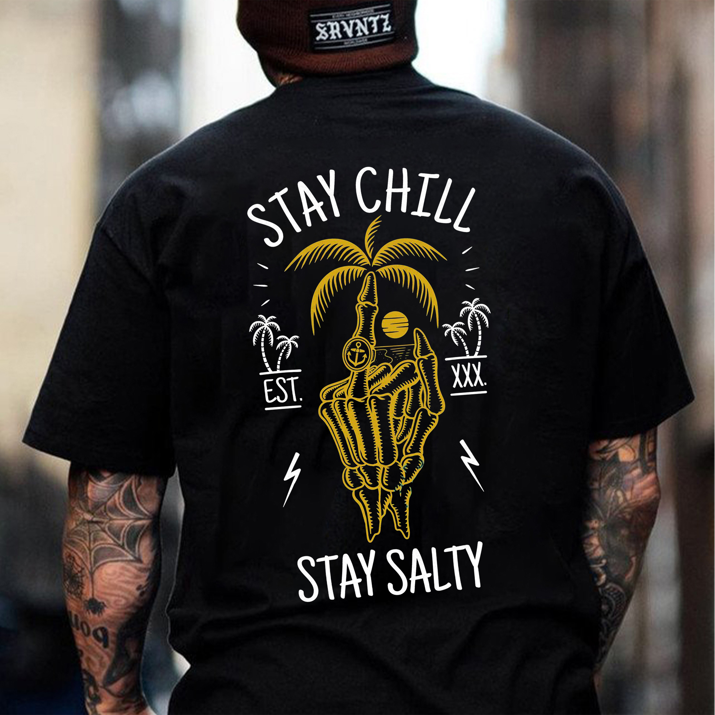 STAY CHILL STAY SALTY Bone Hand Coconut Tree Print Men's T-shirt