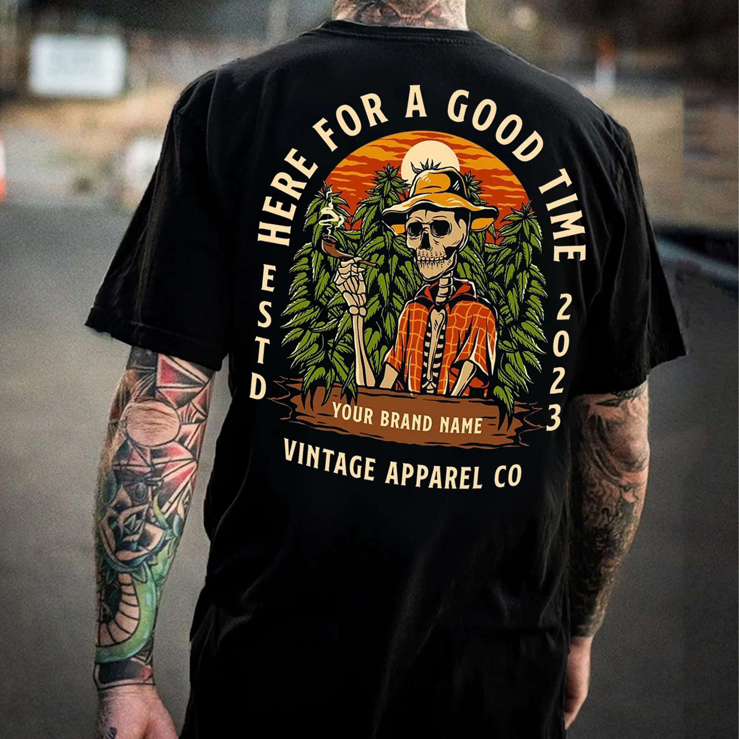 HERE FOR A GOOD TIME Smoking Skeleton Print Men's T-shirt