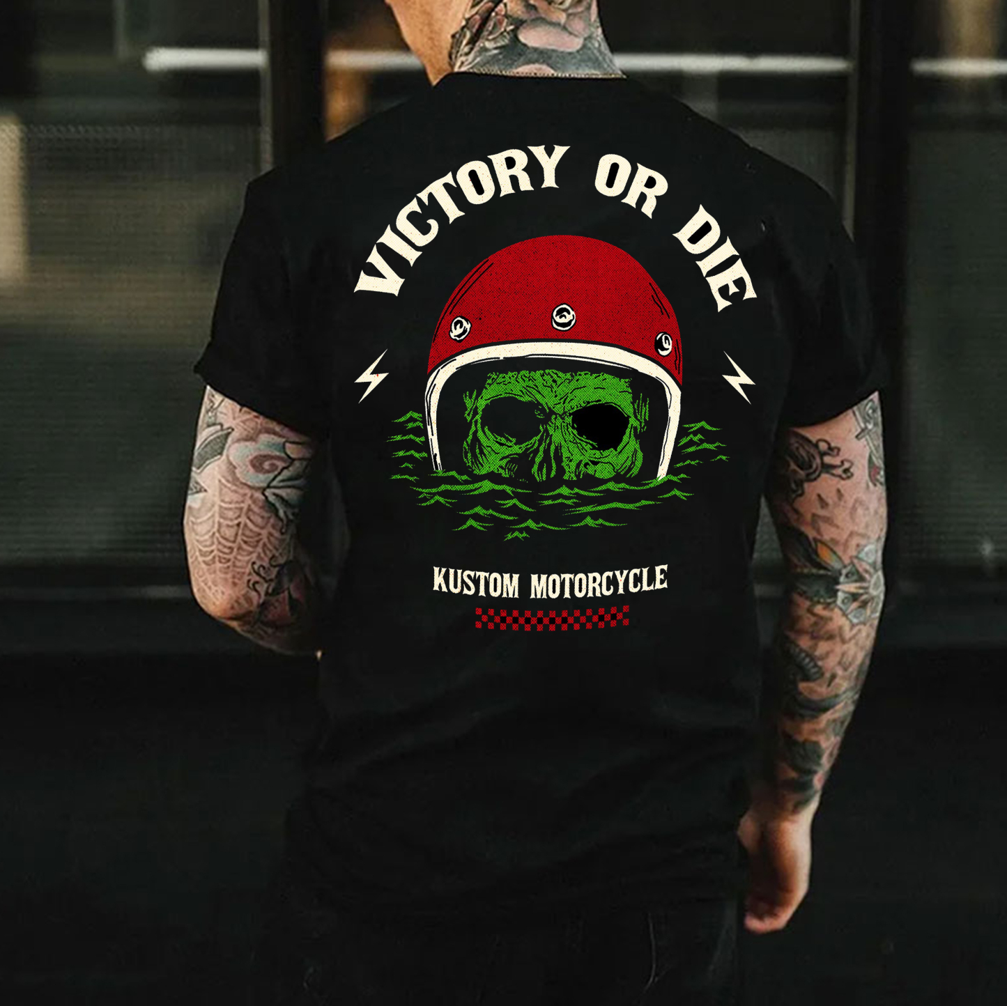 VICTORY OR DIE KUSTOM MOTORCYCLE Drowning Helmet Skull Print Men's T-shirt