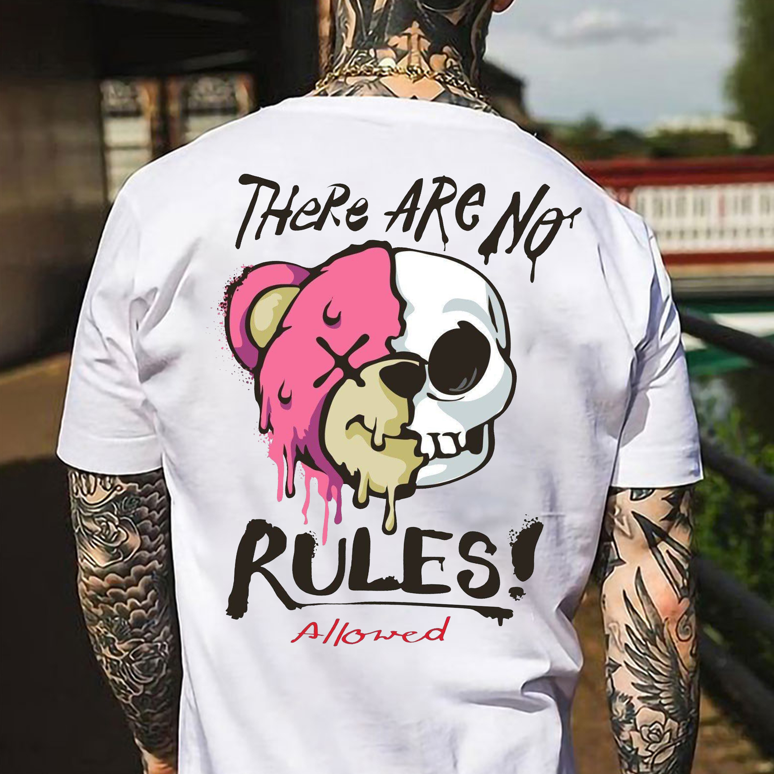 THERE ARE NO RULES Bear Doll And Skull Print Men's T-shirt