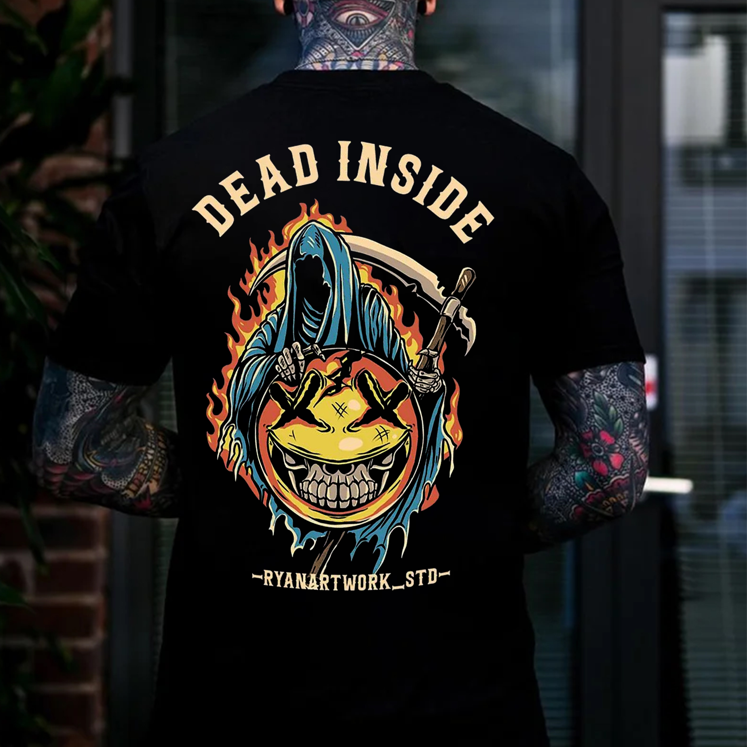 DEAD INSIDE Emoji Skull With Skeleton Print Men's T-shirt