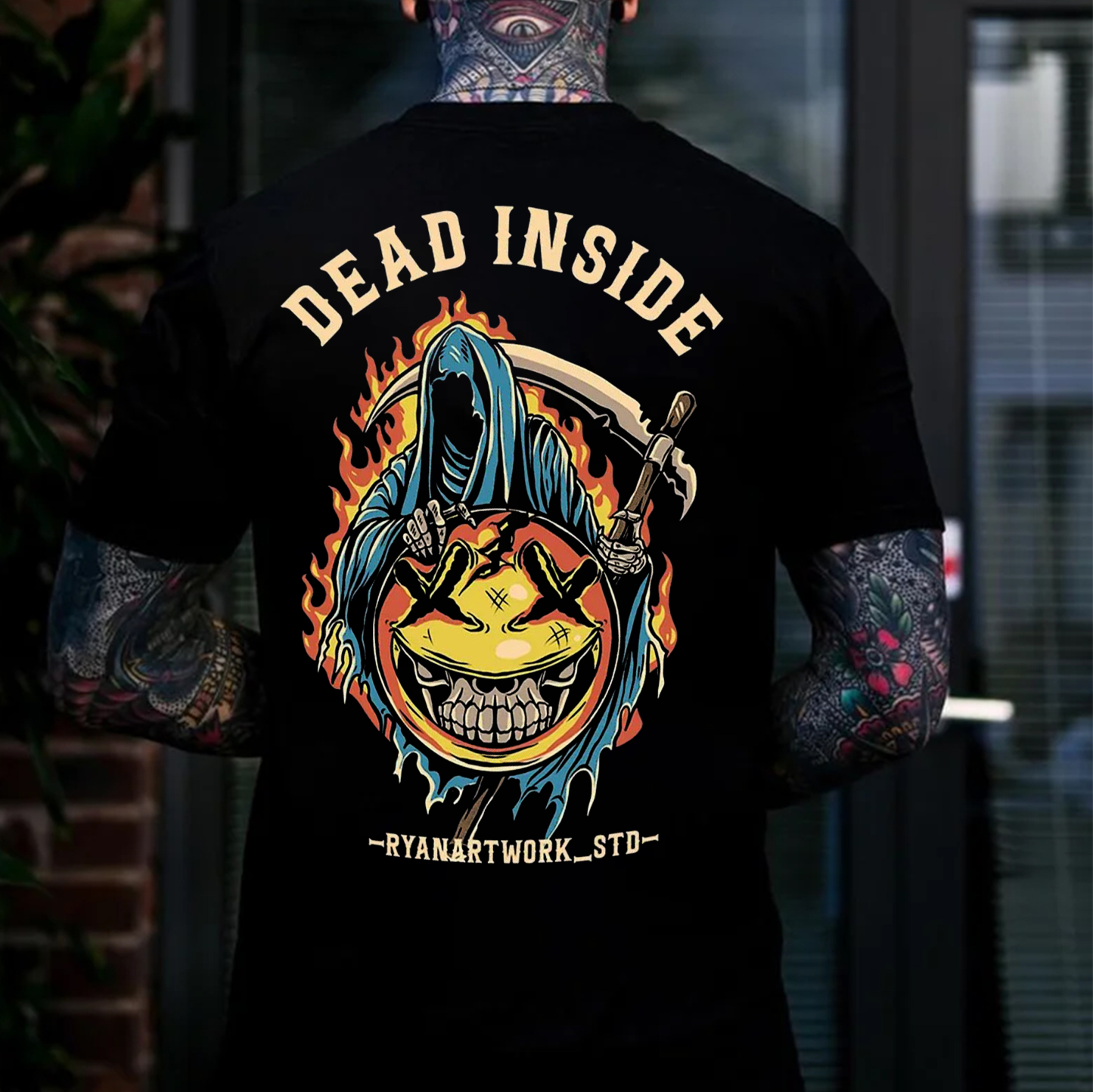 DEAD INSIDE Emoji Skull With Skeleton Print Men's T-shirt