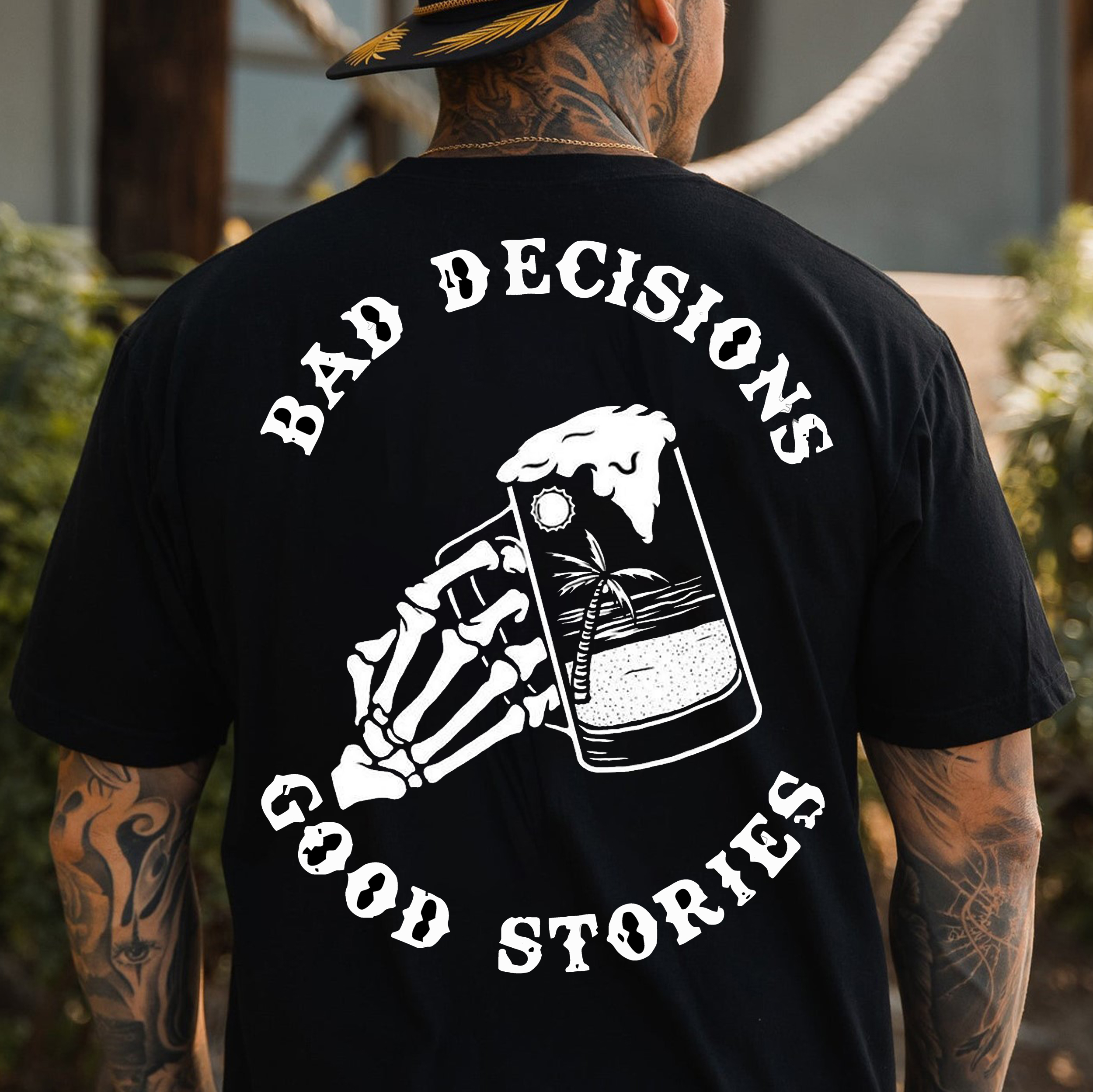 BAD DECISIONS GOOD STORIES Bone Hand With Beach Beer Print Men's T-shirt