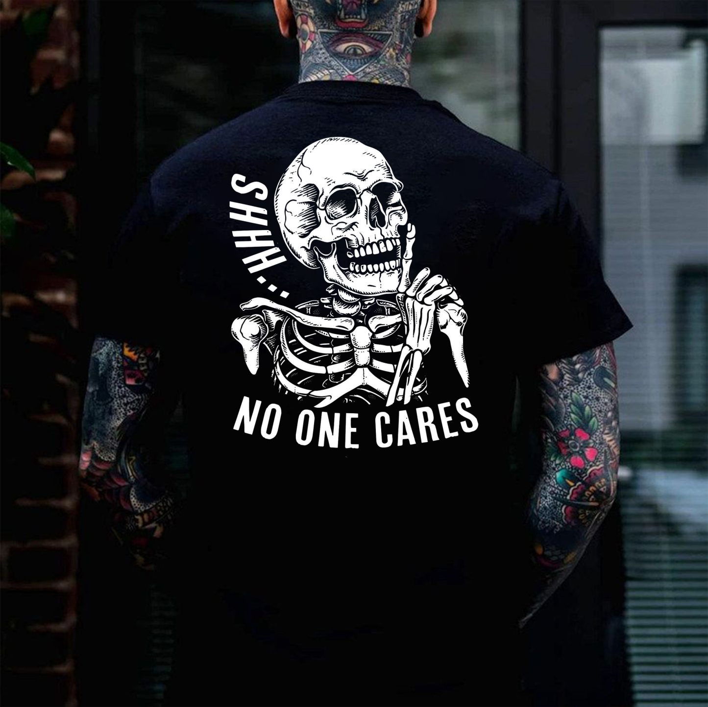 SHHH NO ONE CARES Skeleton Print Men's T-shirt