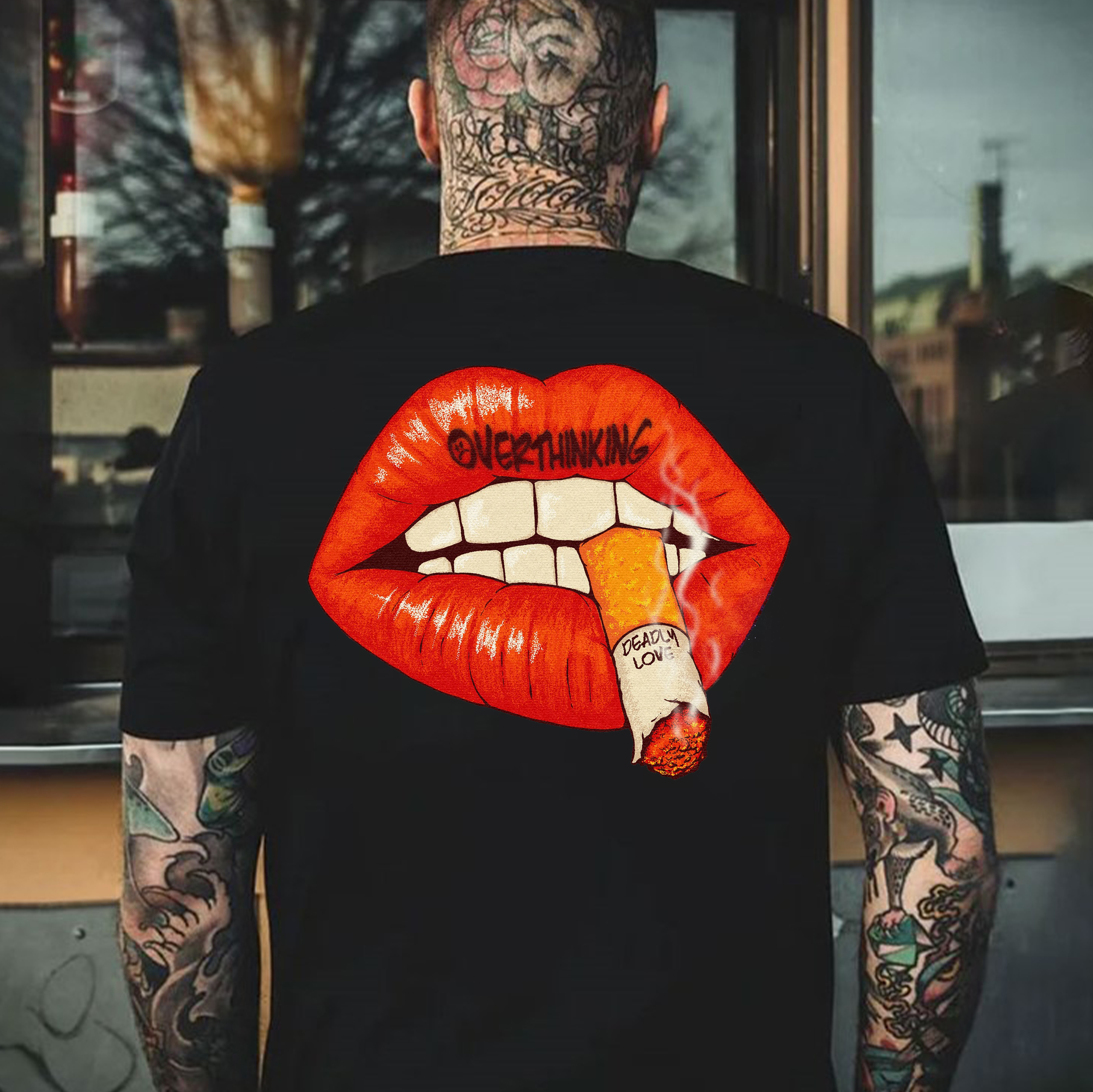 OVER THINKING Red Lips With DEADLY LOVE Cigarette Print Men's T-shirt