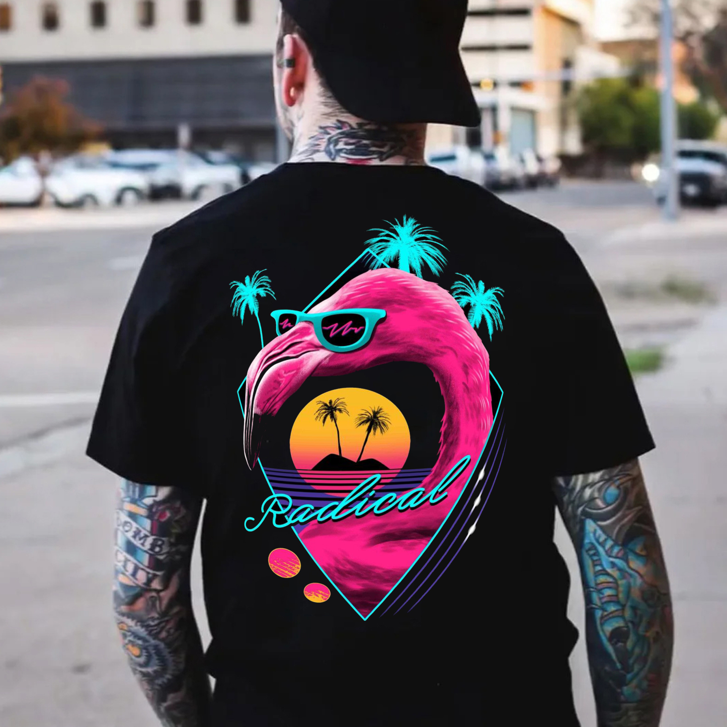 RADICAL FLAMINGO Black Print T-shirt