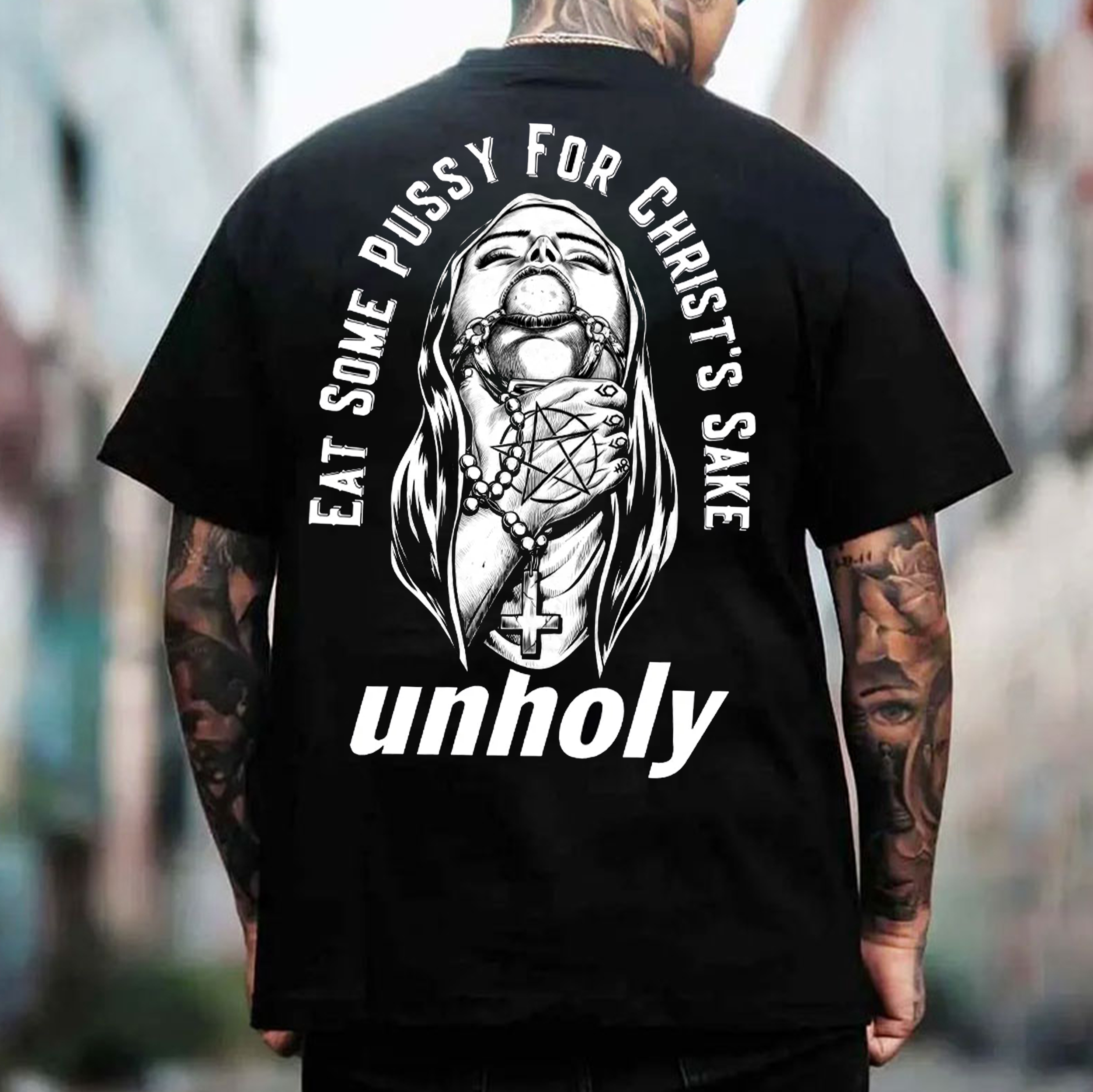 EAT SOME PUSSY FOR CHRIST'S SAKE UNHOLY Chokehold Nun Print Men's T-Shirt