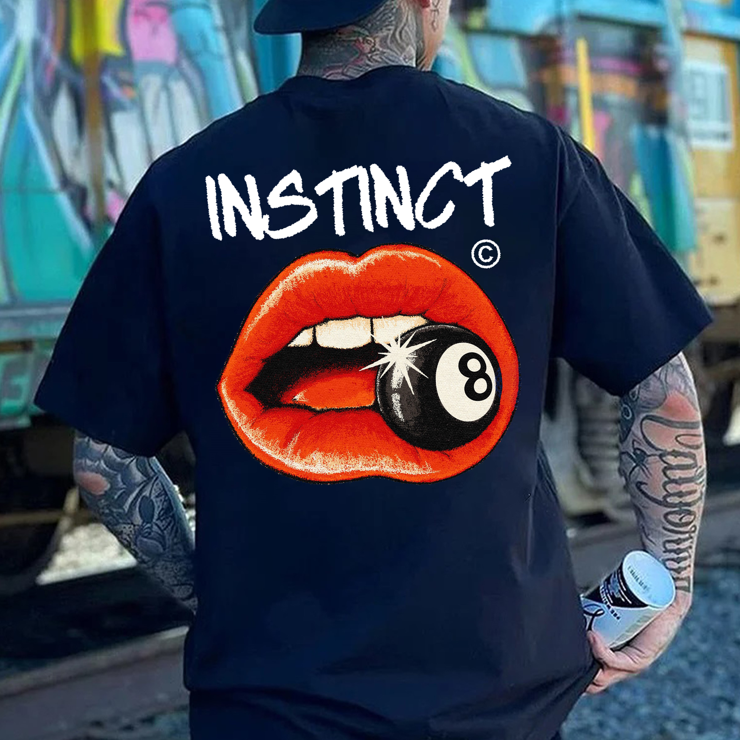 INSTINCT Red Lips With Black 8-ball Print Men's T-shirt