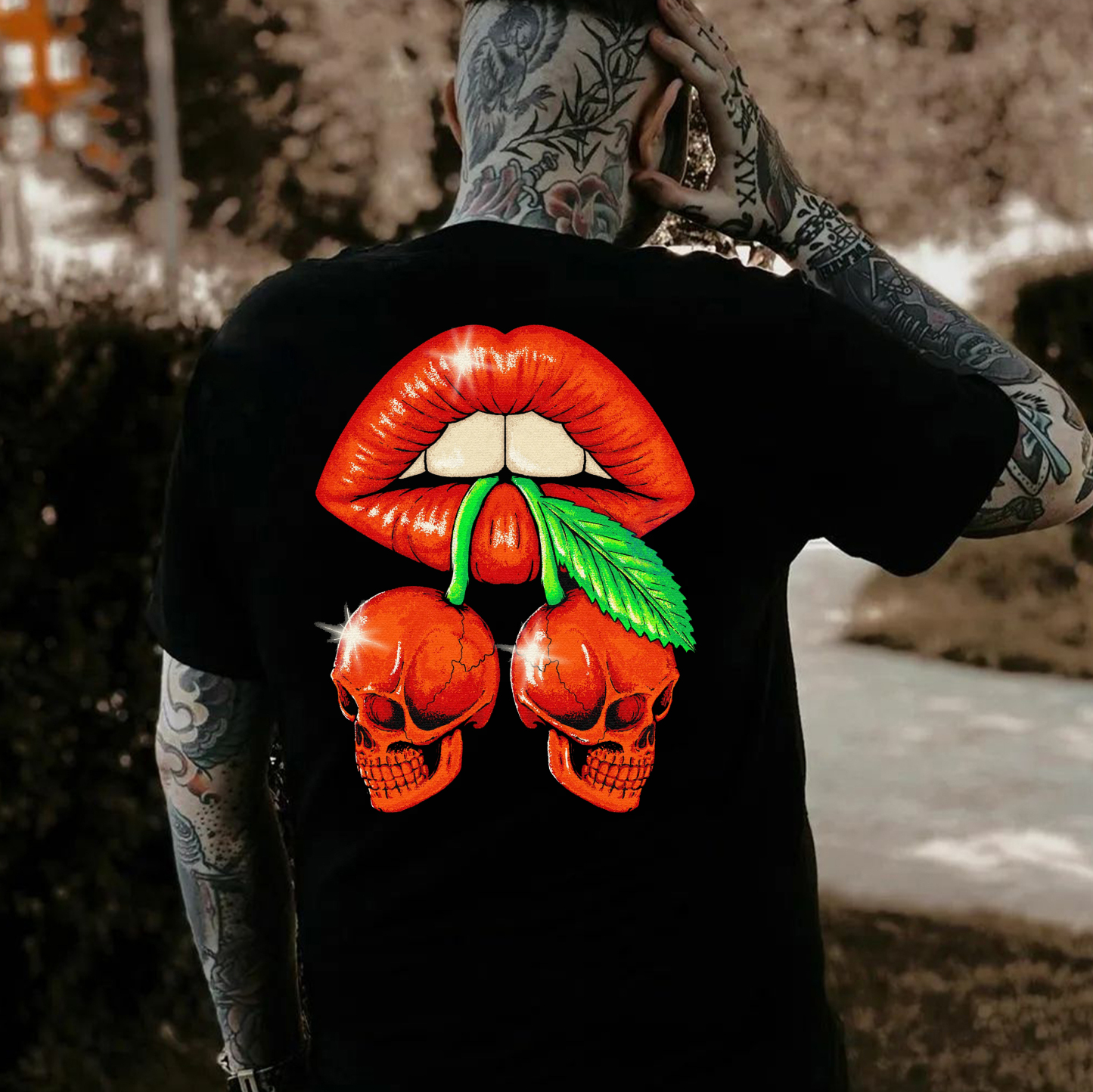 Red Lips With Skull Cherries Print Men's T-shirt