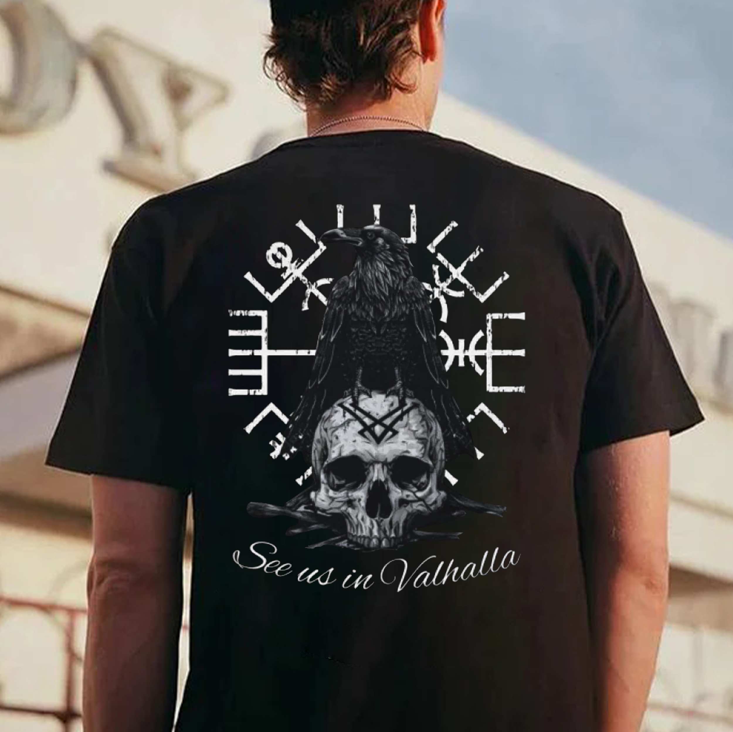 SEE US IN VALHALLA Runes Crow&Skull Print Men's T-Shirt
