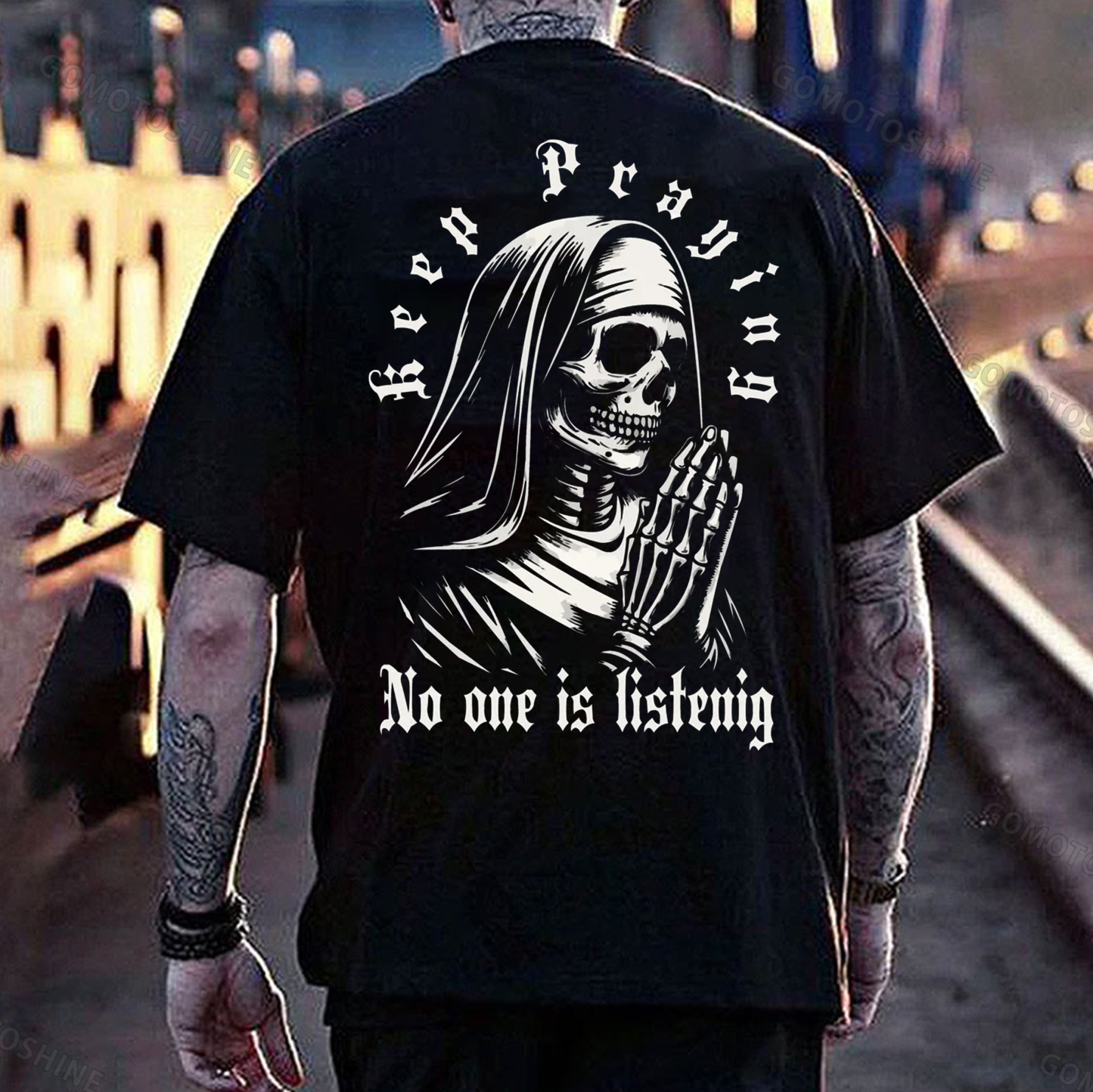 KEEP PRAYING NO ONE LISTENING Skeleton Nun Print Men's T-Shirt