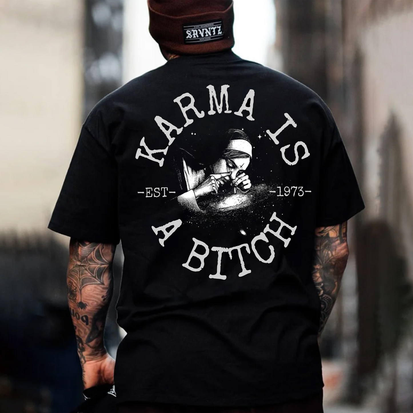 KARMA IS A BITCH Smoking Nun Print Men's T-Shirt