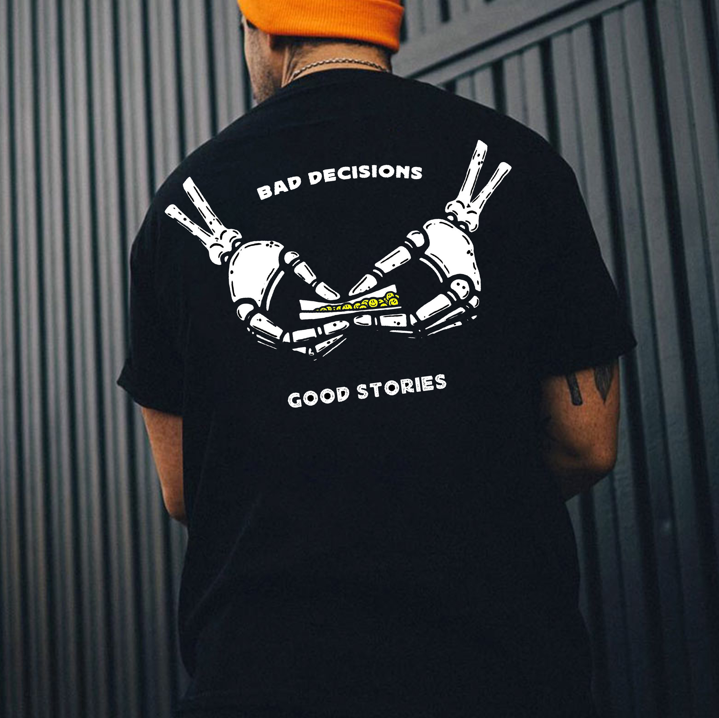 BAD DECISIONS GOOD STORIES Bone Hand With Emoji Pill Print Men's T-shirt