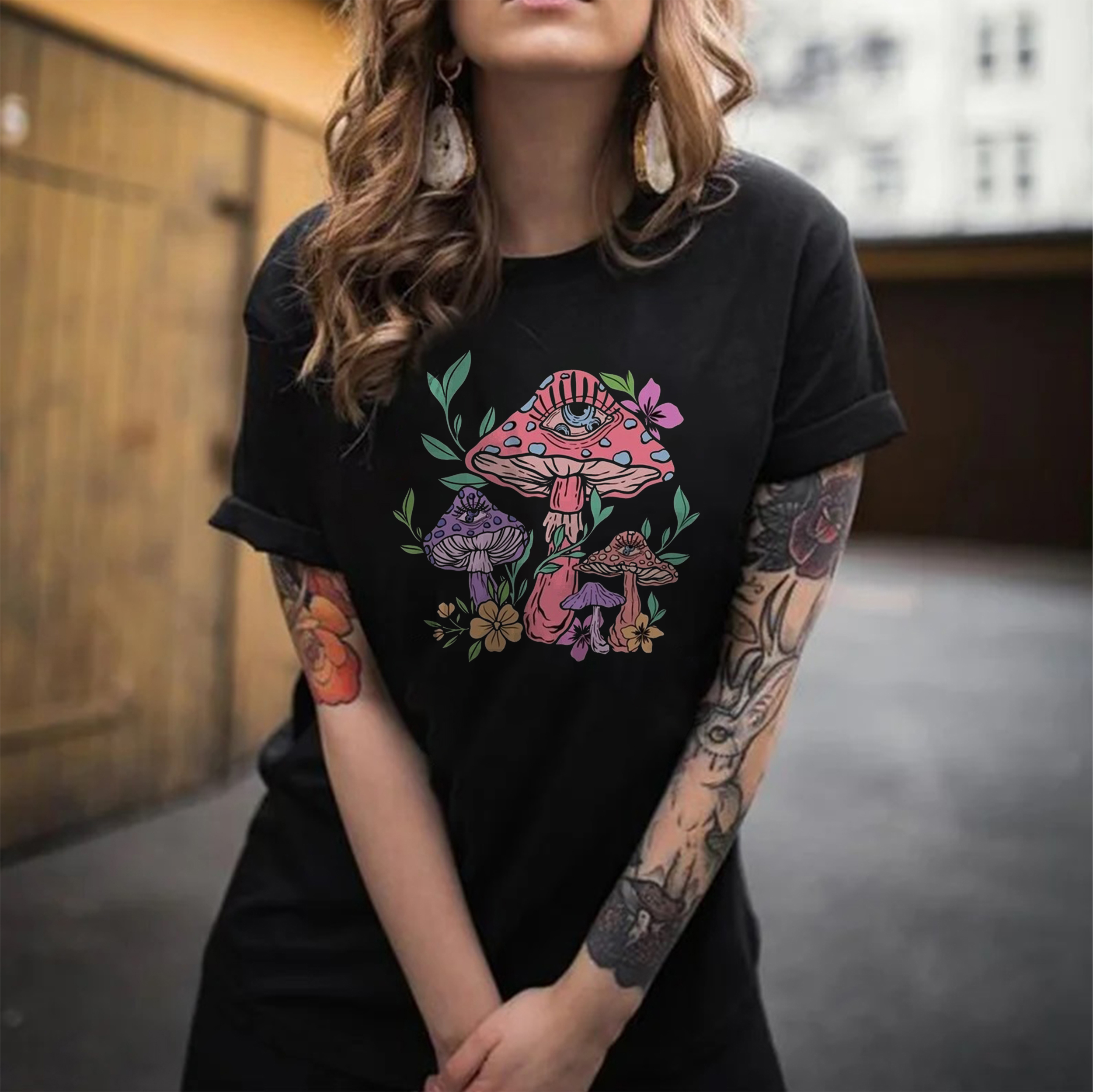 One-eyed Mushroom & Flower Print Women's T-shirt