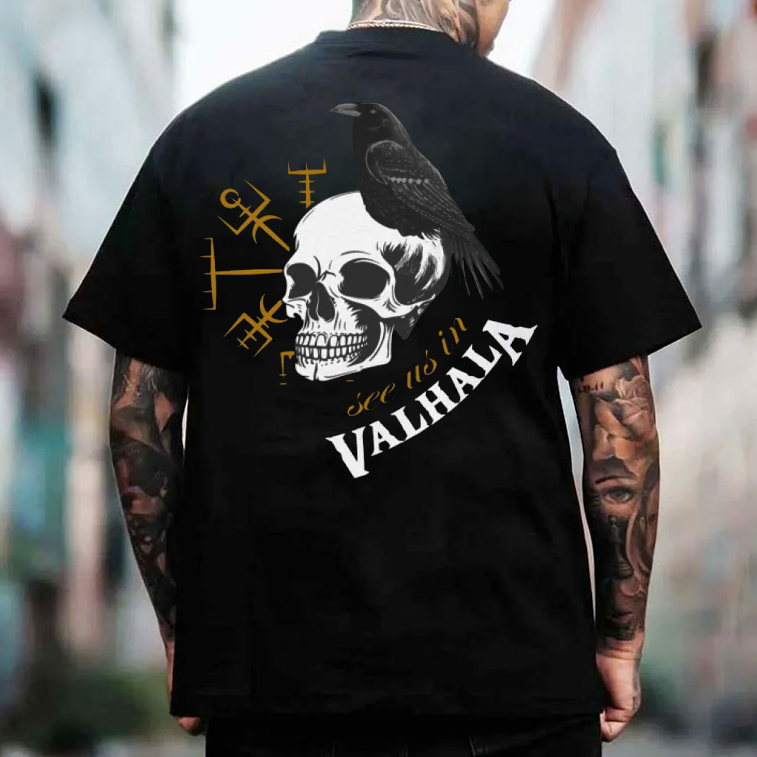 SEE US IN VALHALLA Runes Crow&Skull Print Men's T-Shirt
