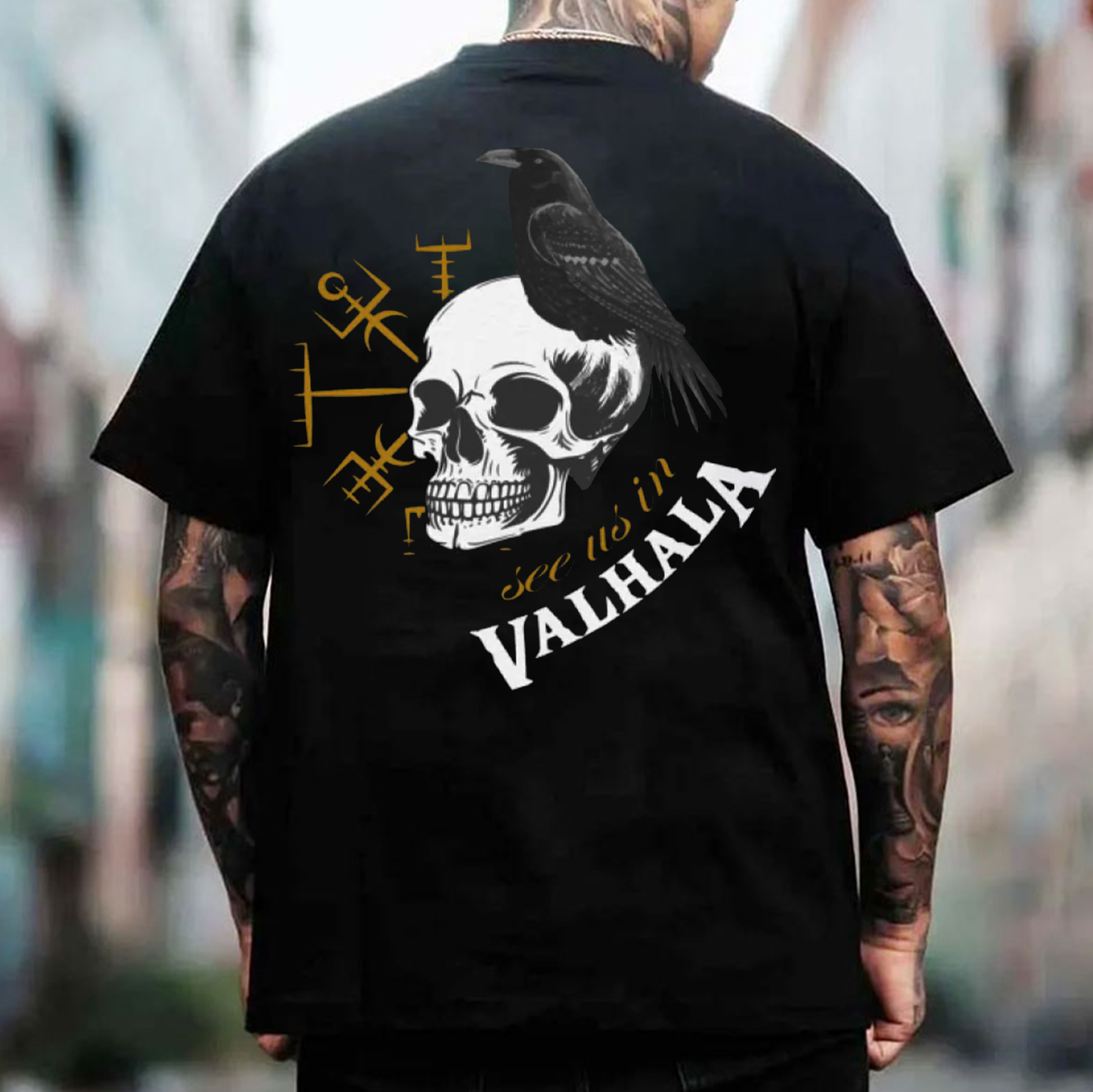 SEE US IN VALHALLA Runes Crow&Skull Print Men's T-Shirt