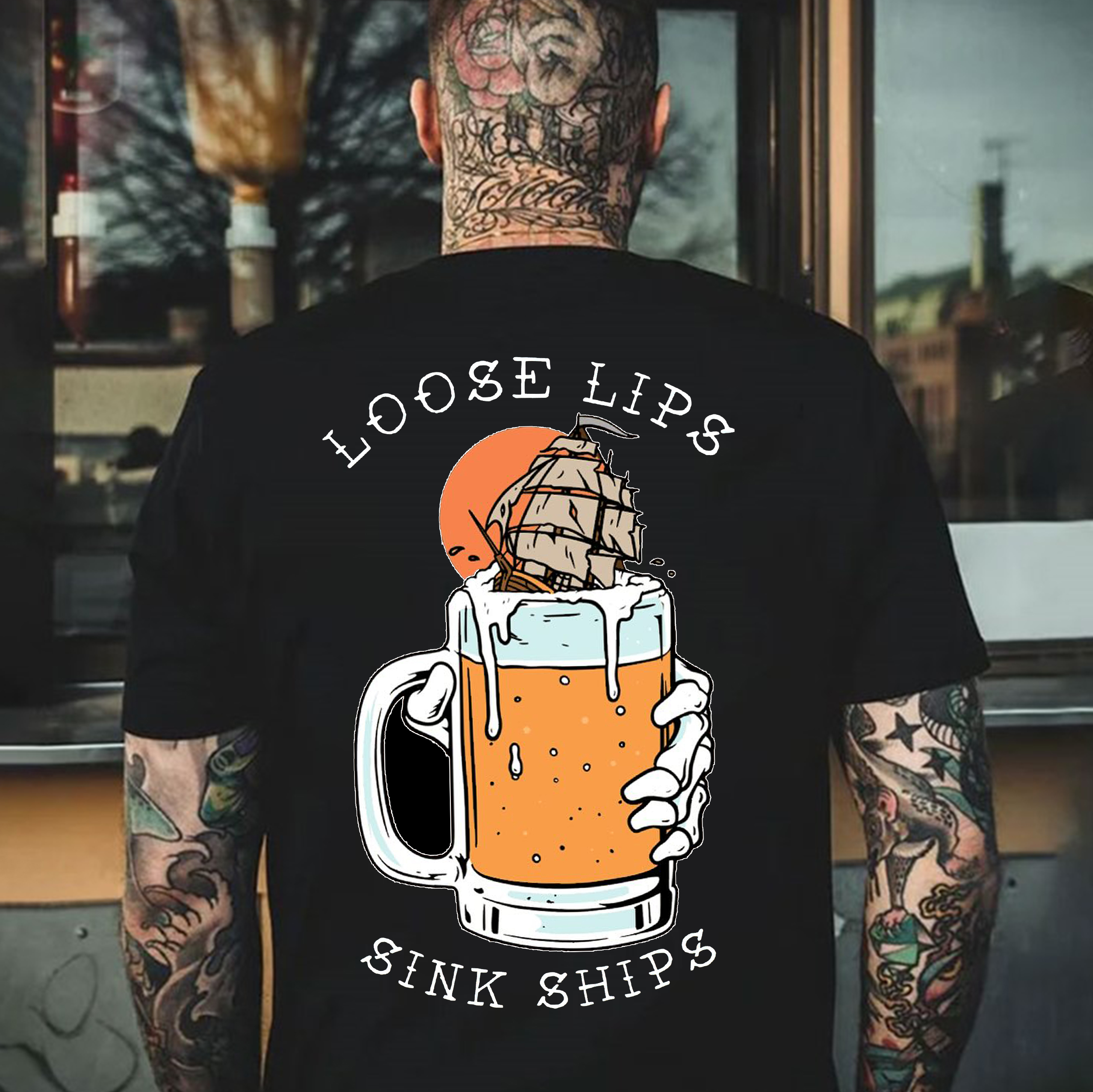 LOOSE LIPS SINK SHIPS Bone Hand&Beer&Sailboat Print Men's T-shirt