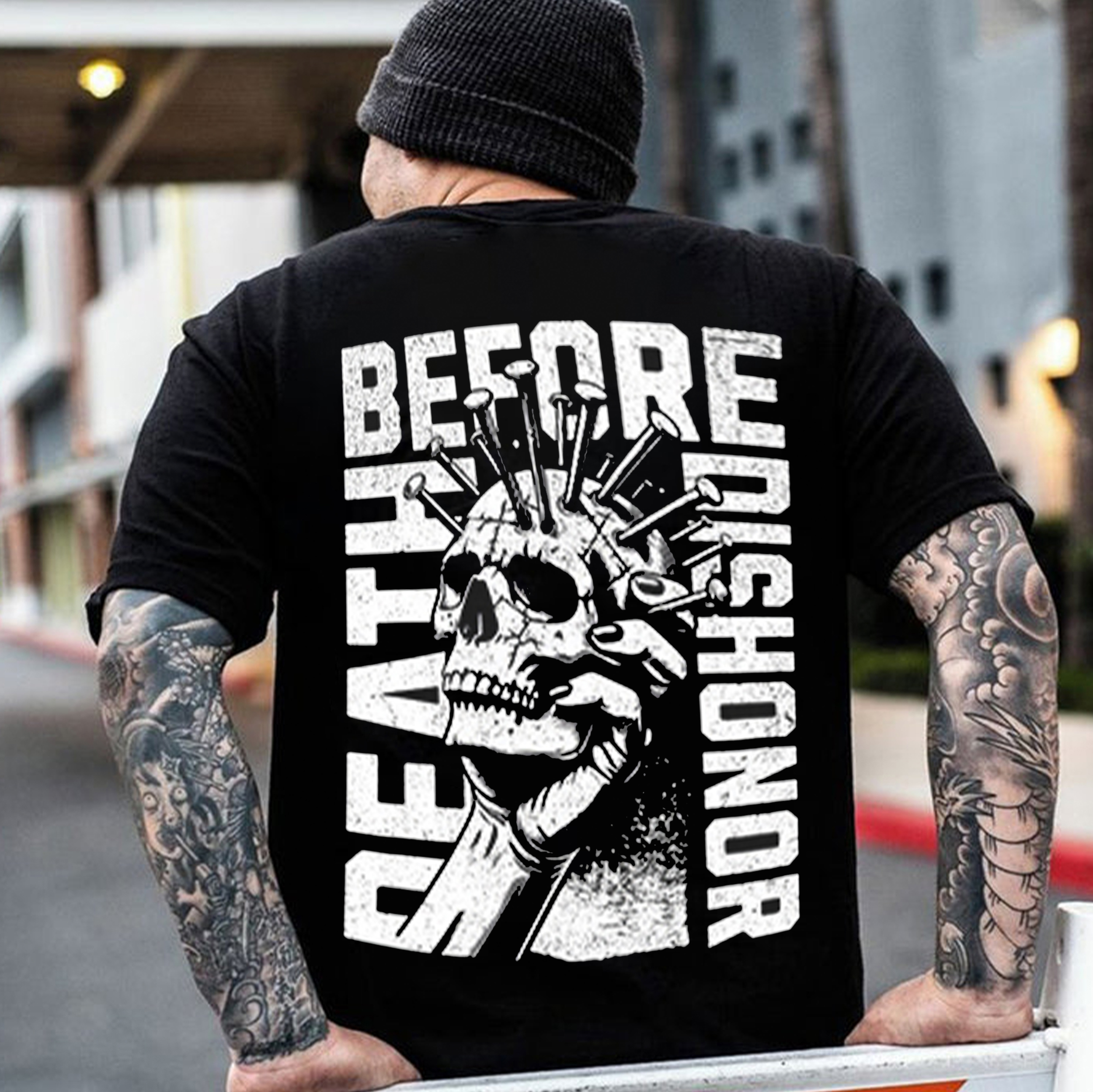 DEATH BEFORE DISHONOR Skull Filled With Nails Print Men's T-Shirt