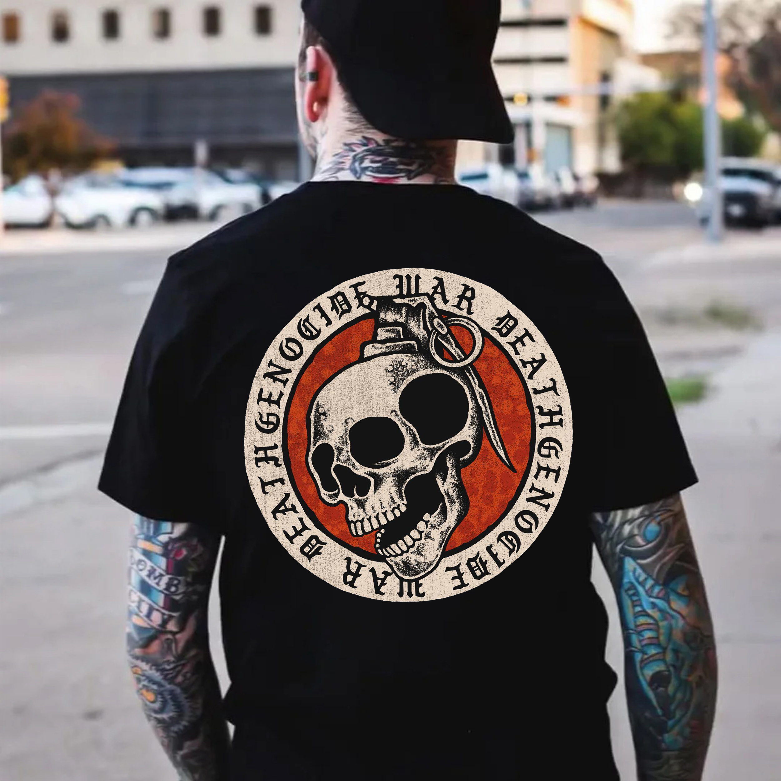 DEATH GENOCIDE WAR Skull Black Print T-shirt