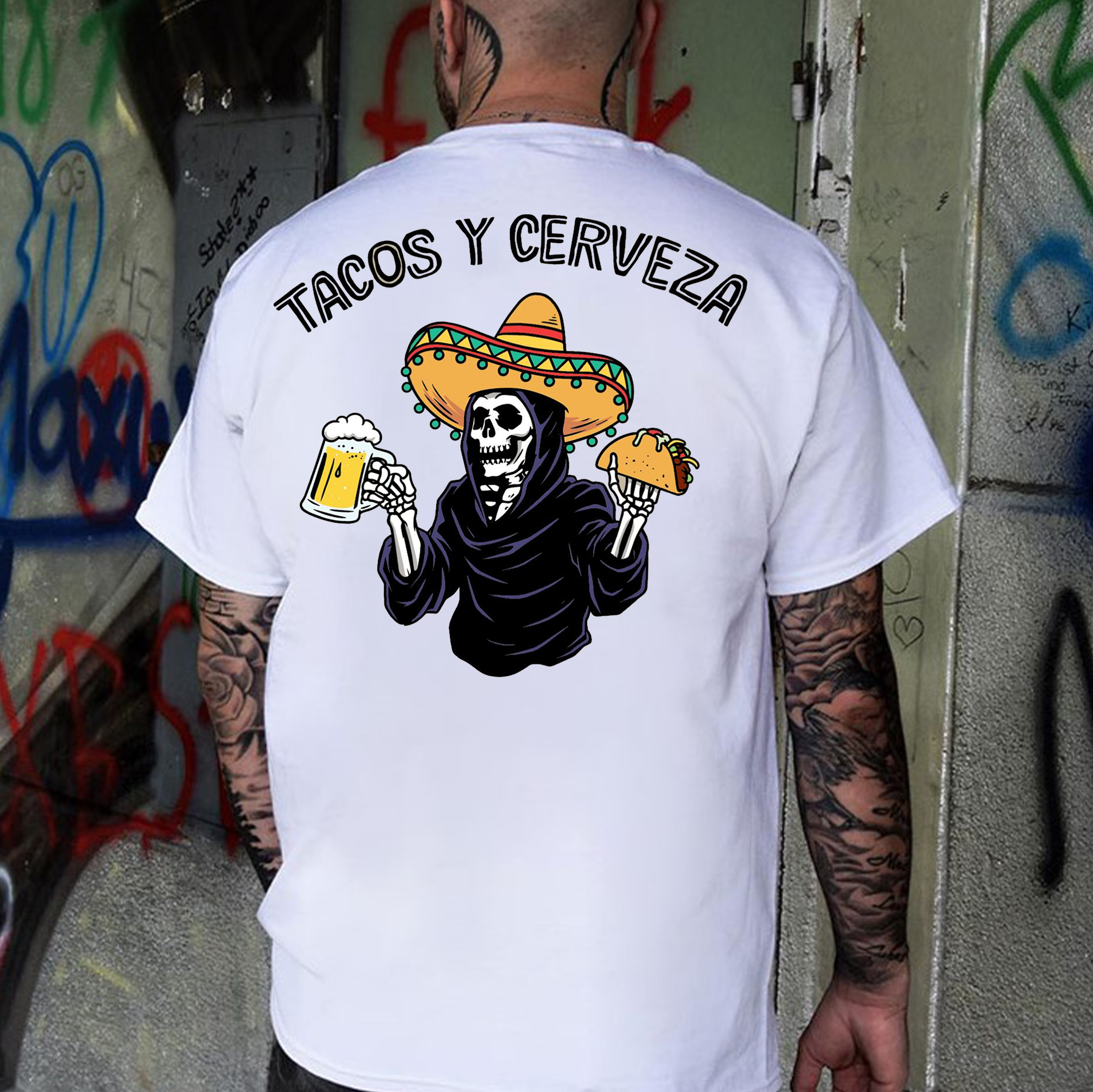 TACOS Y CERVEZA Skeleton With Beer Print Men's T-shirt