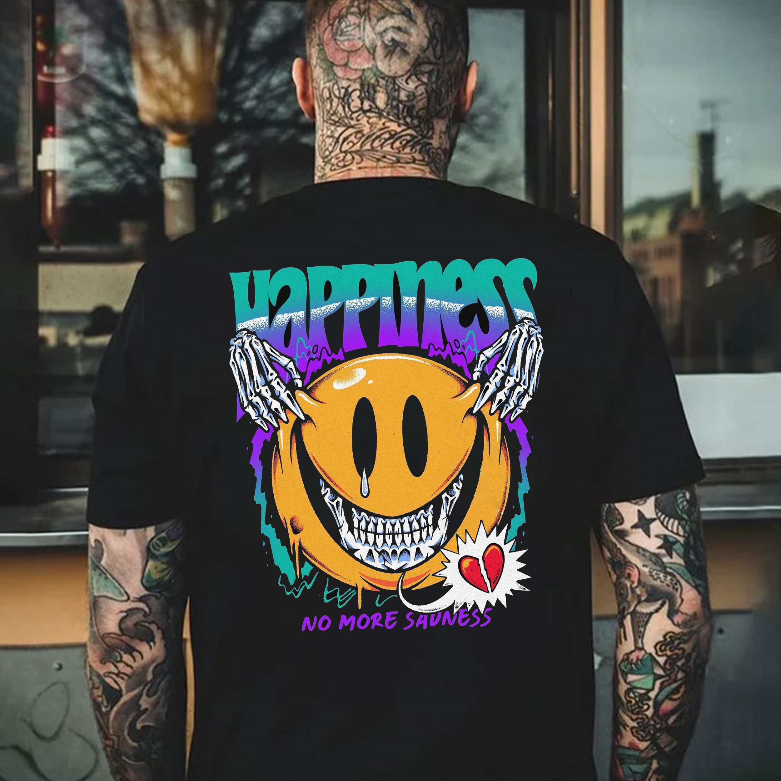 HAPPINESS Skeleton With Emoji Print Men's T-shirt