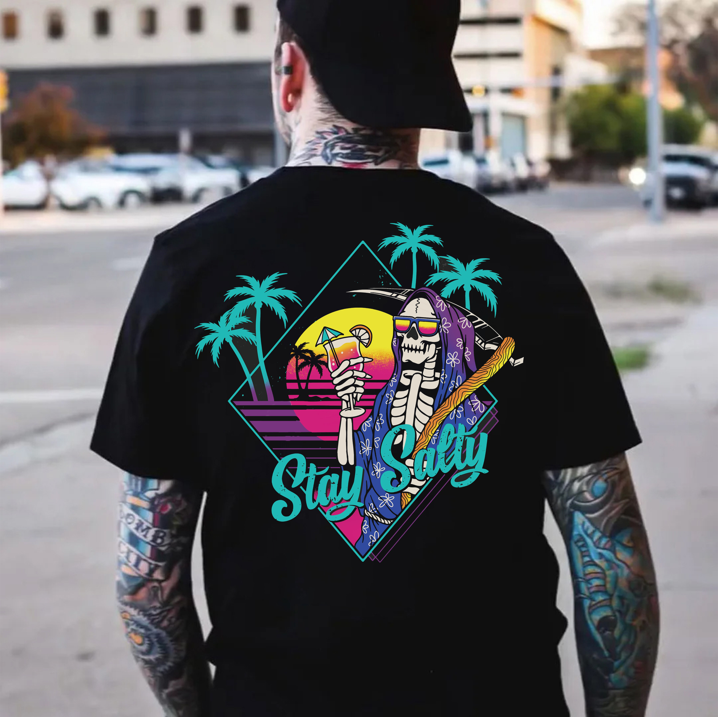 STAY SALTY Tropical Skeleton Black Print T-shirt