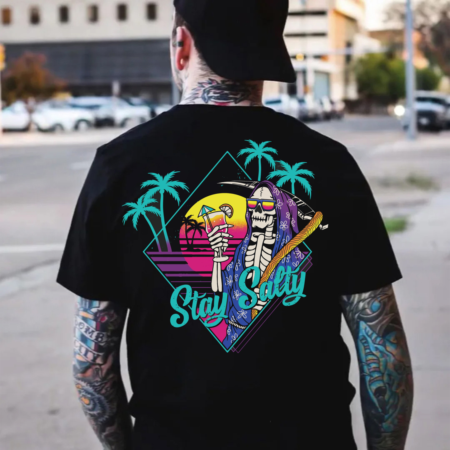 STAY SALTY Tropical Skeleton Black Print T-shirt