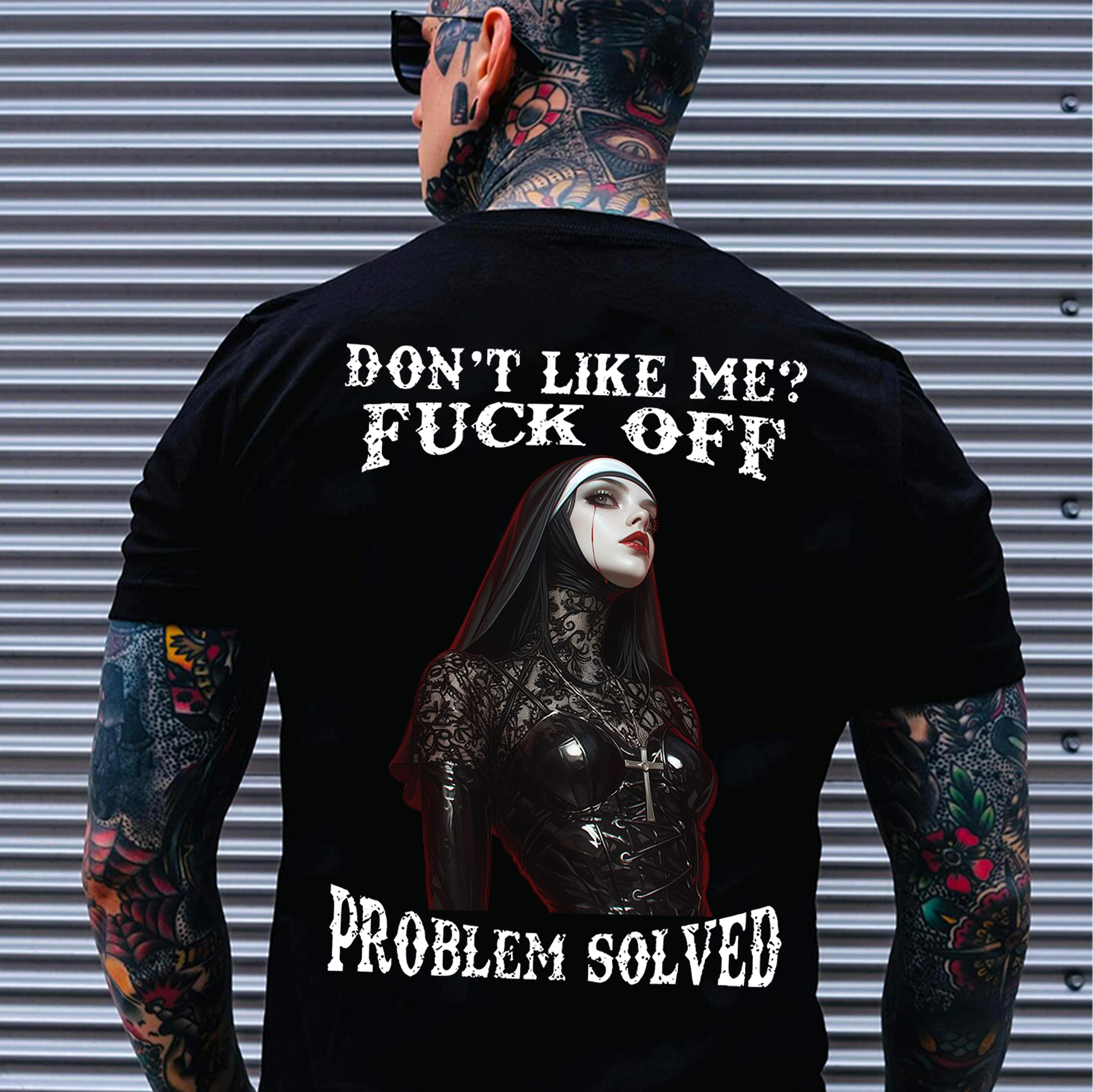 DON'T LIKE ME FUCK OFF Bleeding Gothic Nun Print Men's T-Shirt