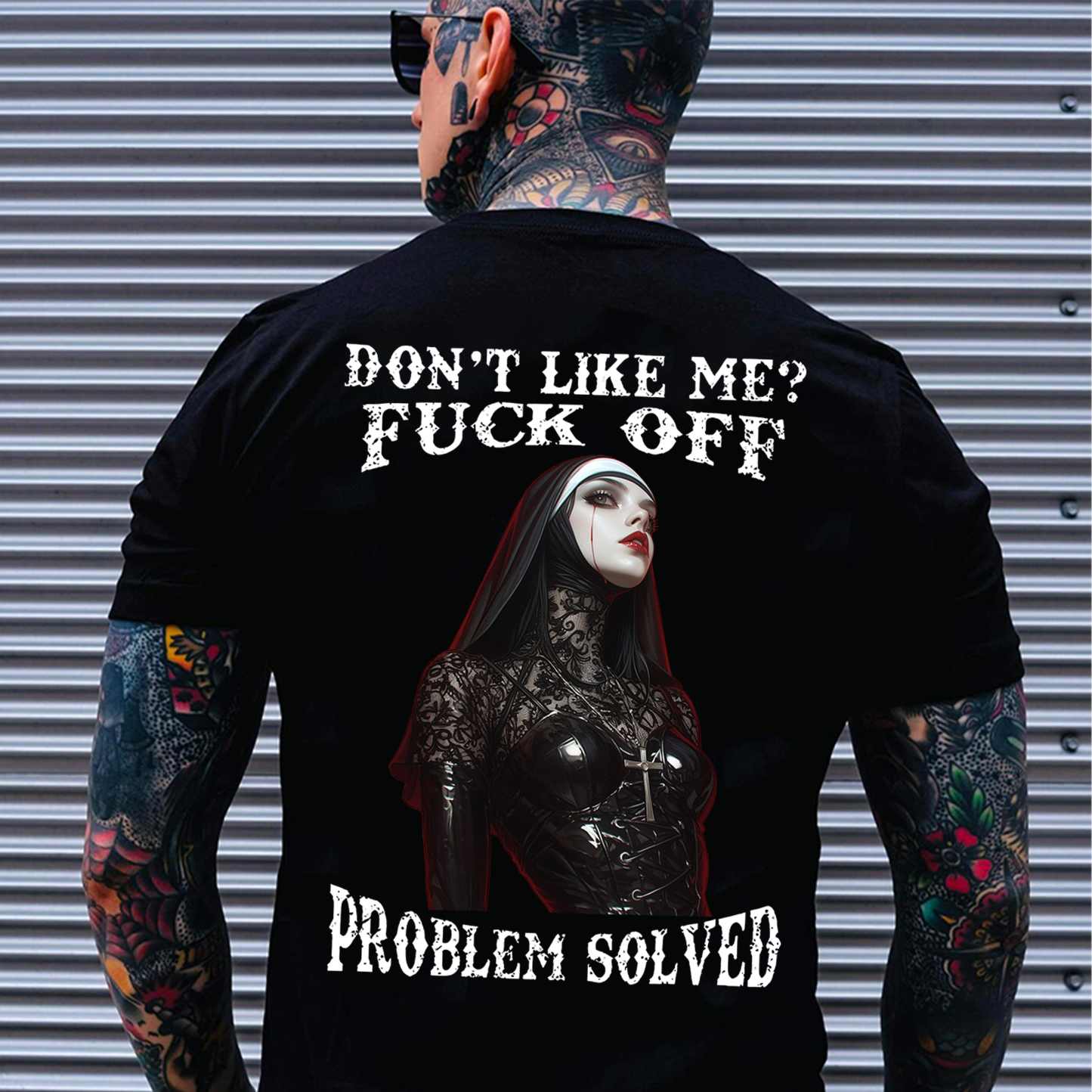DON'T LIKE ME FUCK OFF Bleeding Gothic Nun Print Men's T-Shirt