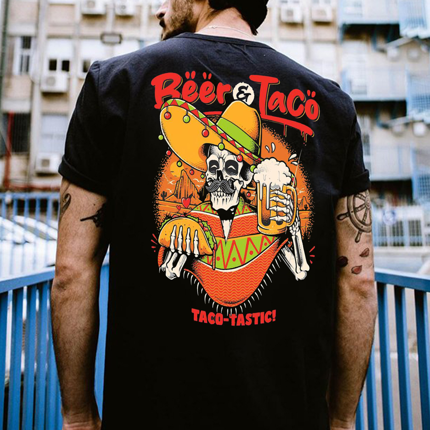 BEER & TACO Skeleton Black Print T-shirt